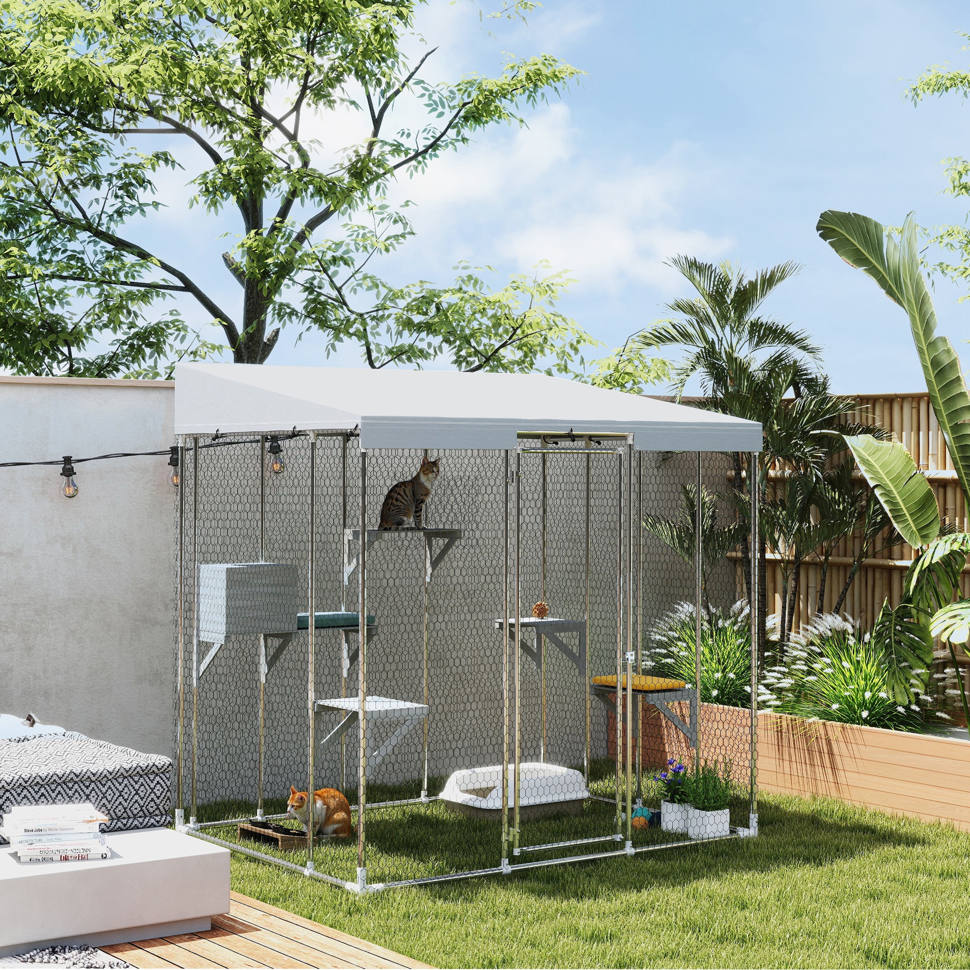 Catio Grande de Acero Galvanizado de 79" con Tejado Impermeable, Box de Descanso y Plataformas para Saltar, para 1-3 Gatos, Plateado — imagen 1