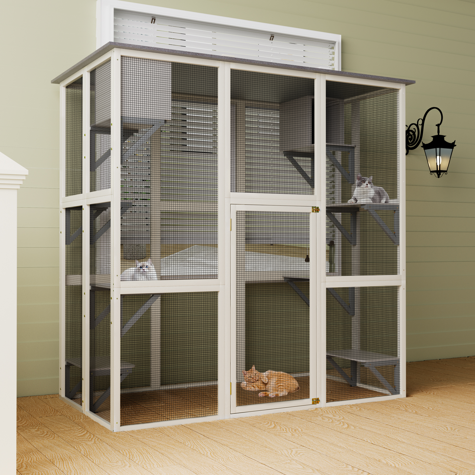 Catio de Exterior en Madera Gris con Techo Asfáltico Resistentes a Clima, Casa para Gatos Grande con 6 Plataformas y 2 Cajas de Descanso, Jaula de Madera Solida para Patio — imagen 5