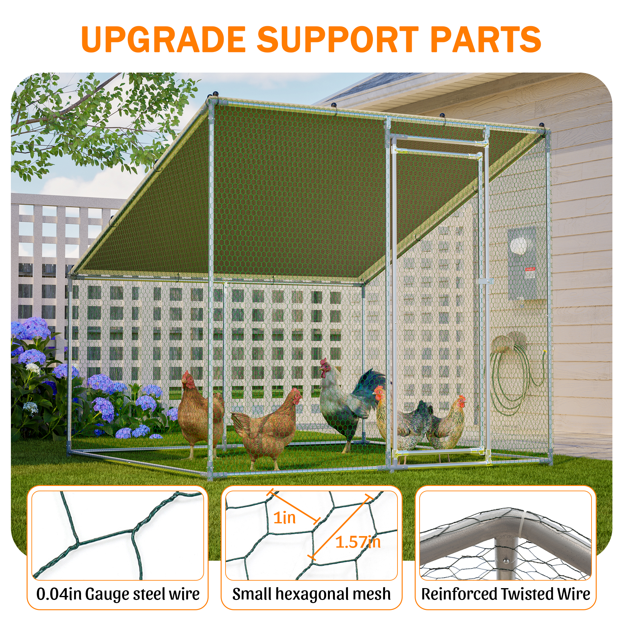 Gallinero Metálico Transitable 84 x 78.7 x 72.7, Techo Inclinado, Jaula Resistente para Todo Clima con Funda Impermeable y Anti-UV, Corral Estable de Exterior para Patio con Conectores de Botón a Presión y Malla Reforzada — imagen 4