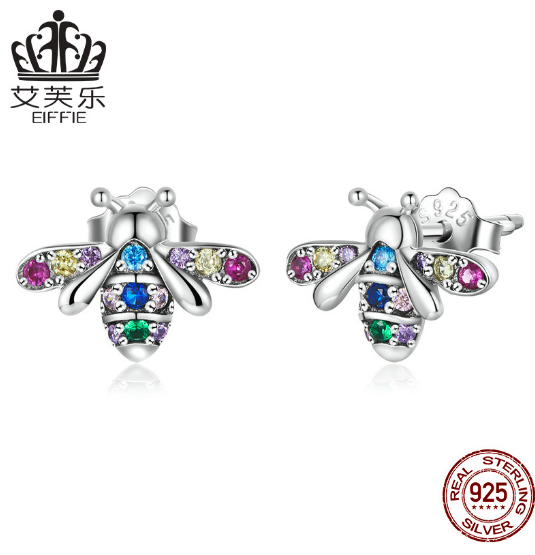 Earrings de moda originales EIFFIE en plata esterlina 925 con abeja colorida, zirconio y oxidación - BSE559 — imagen 1