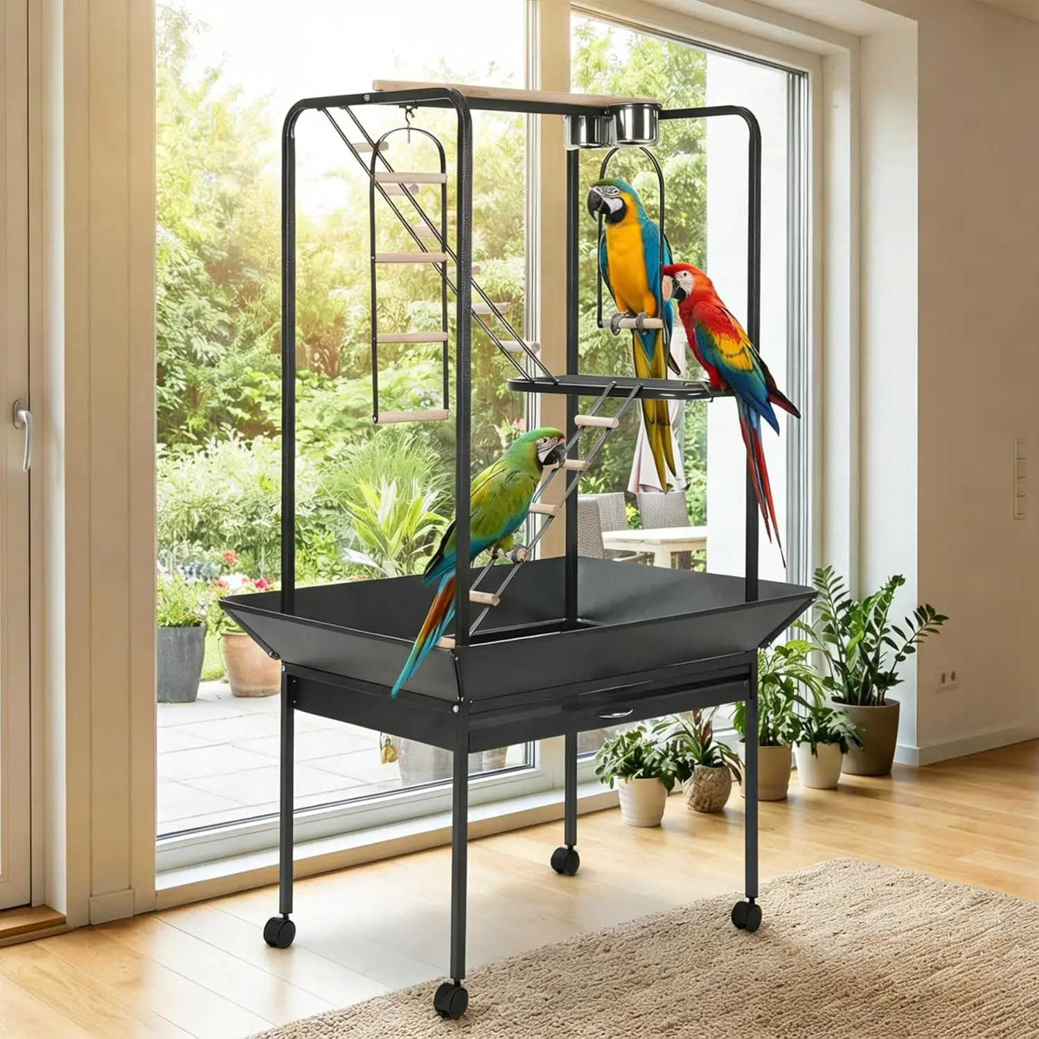 64'' Birdcage Stand Play Center, Large Parrot Perch with 2 Stainless Steel Bowls & Pull-Out Seed Guard, Lockable Rolling Stand with 4 Casters, Bird Playground for Macaw Cockatiel Conure Parakeet — image 1