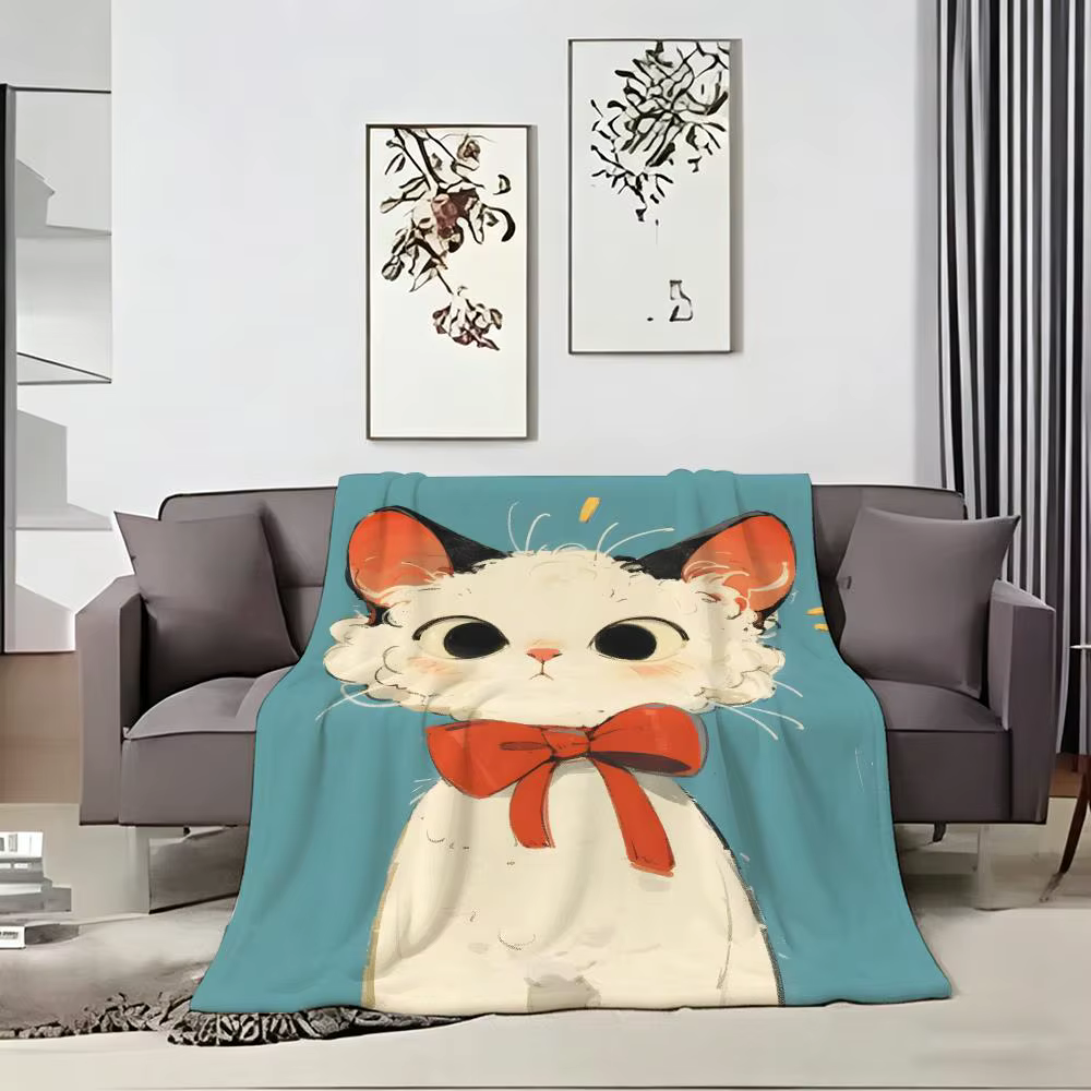 Illustration B-Bow Tie Cats Throw Lightweight 240g Flannel Blanket Soft Skin-friendly for Summer Cooling — image 4