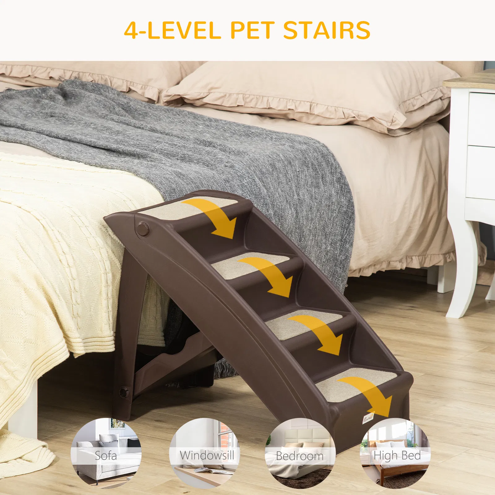 4-Level Portable Pet Stairs, Foldable Dog Ramp, Lightweight Cat Steps, with Nonslip Soft Mats, for High Bed, Sofa, Up to 44 lbs, Dark Brown — image 6