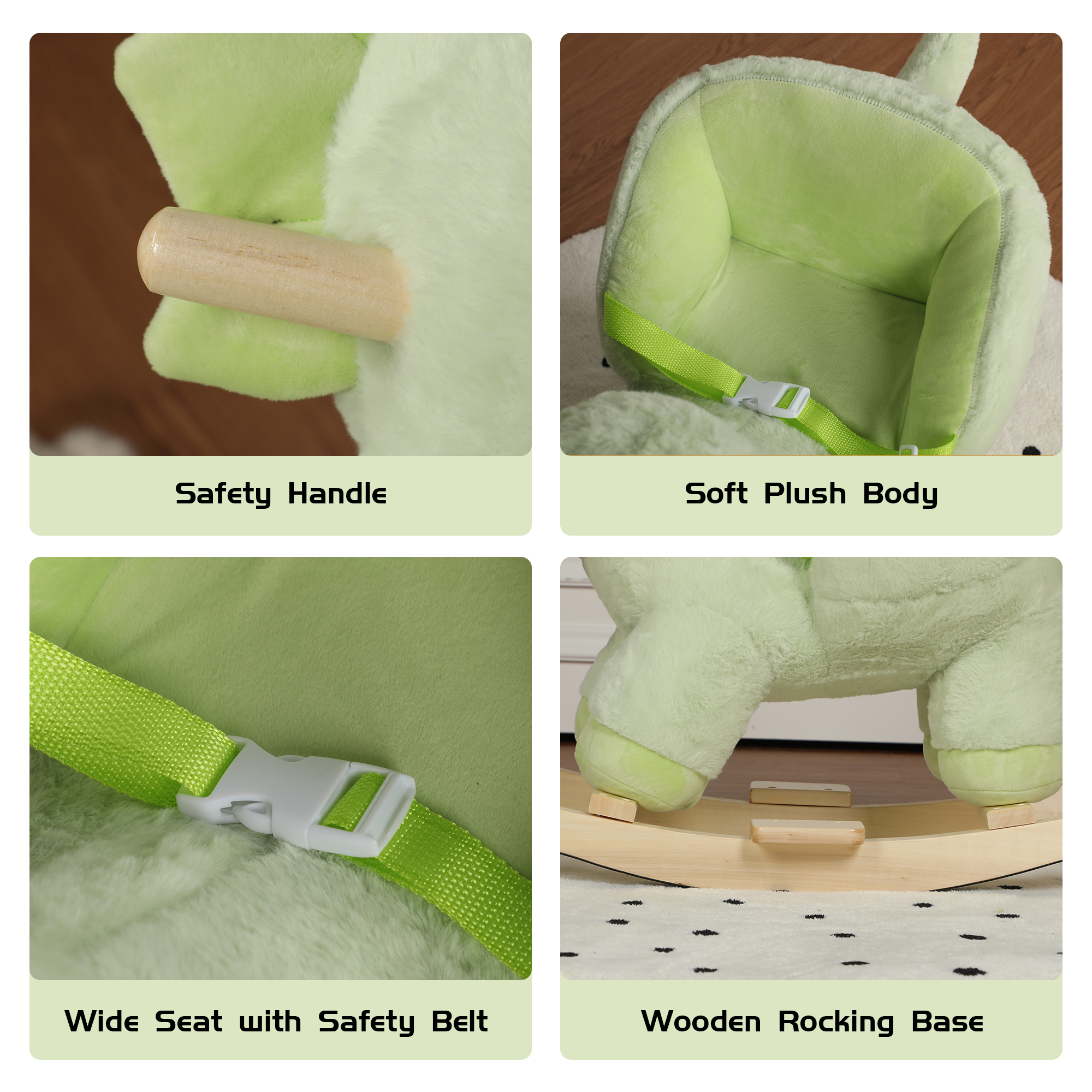 Kids Ride-On Rocking Horse Toy With Lullaby Song, Dinosaur Rocking Toy With Hand Puppets And Safety Belt For Children 1-3 Years, Soft Plush Fabric, Green, CPC Certified — imagen 4