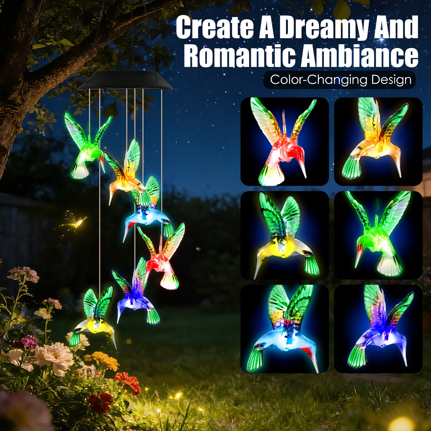 3Pack Solar Hummingbird Butterfly Dragonfly Wind Chimes 7 Color Changing Wind Chime For Outside IPX4 Waterproof Outdoor Garden Yard Decor — image 1