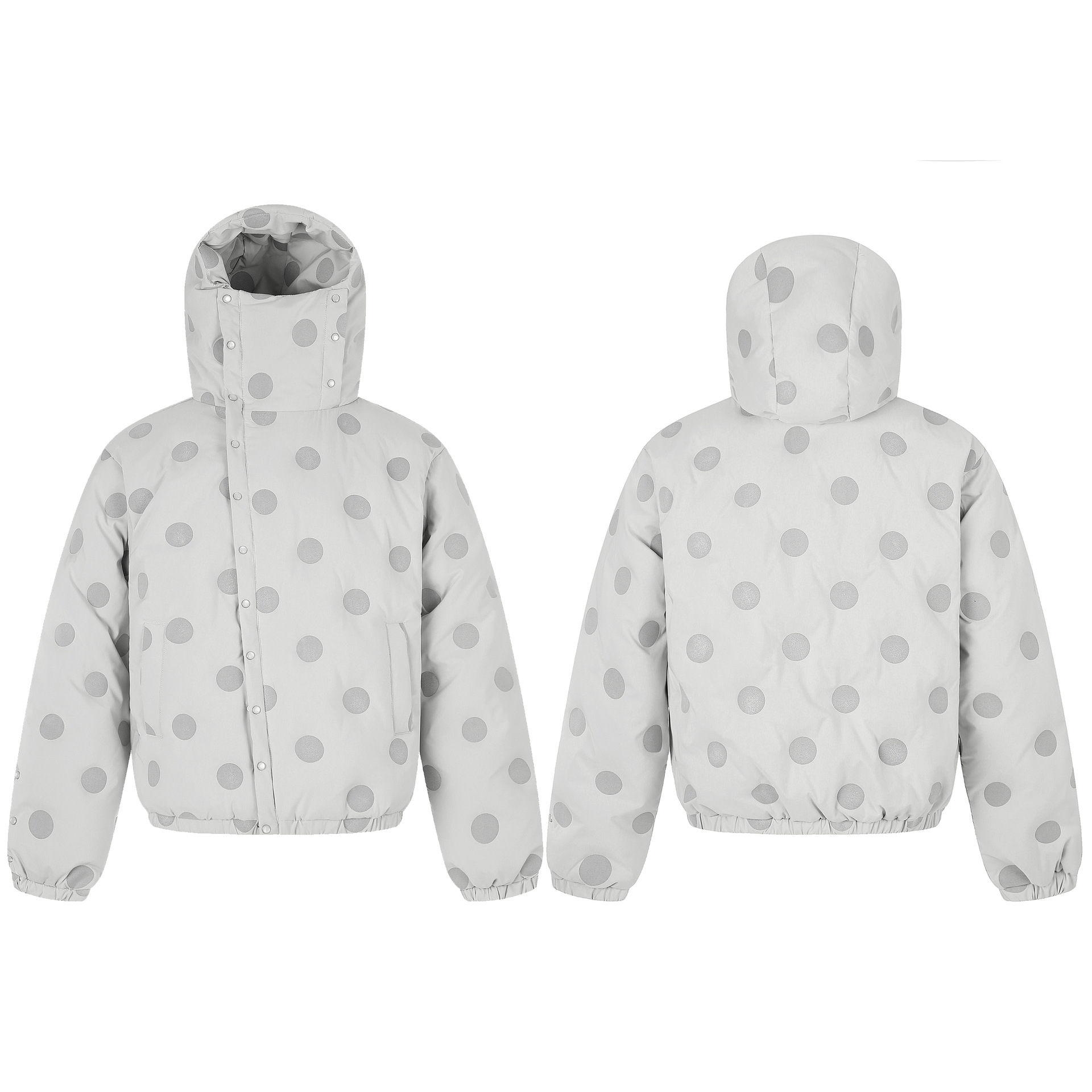 Polka Dot Print White Duck Down Jacket Windproof Snap Button High Collar Hooded Unisex Warm Coat — image 5