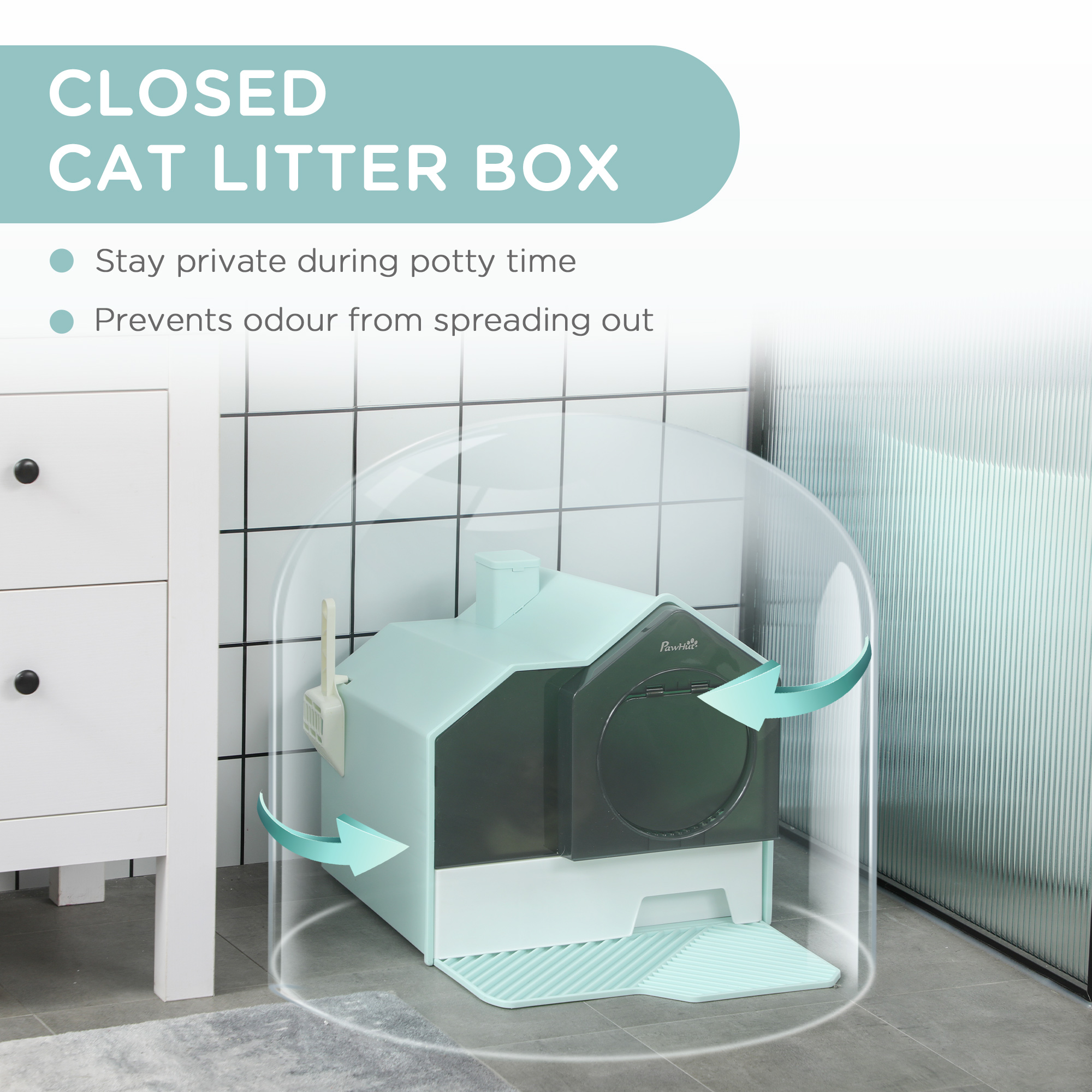 Hooded Cat Litter Box w/ Litter Mat, Litter Particle Catching, Light Blue — image 3