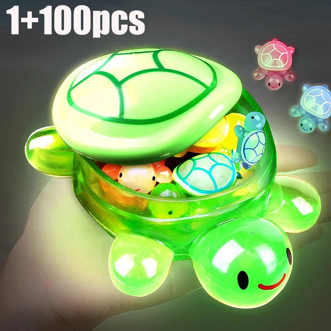 Tortuga Nocturna Grande + 100 miniaturas de tortugas luminosas en resina para decoración y almacenamiento