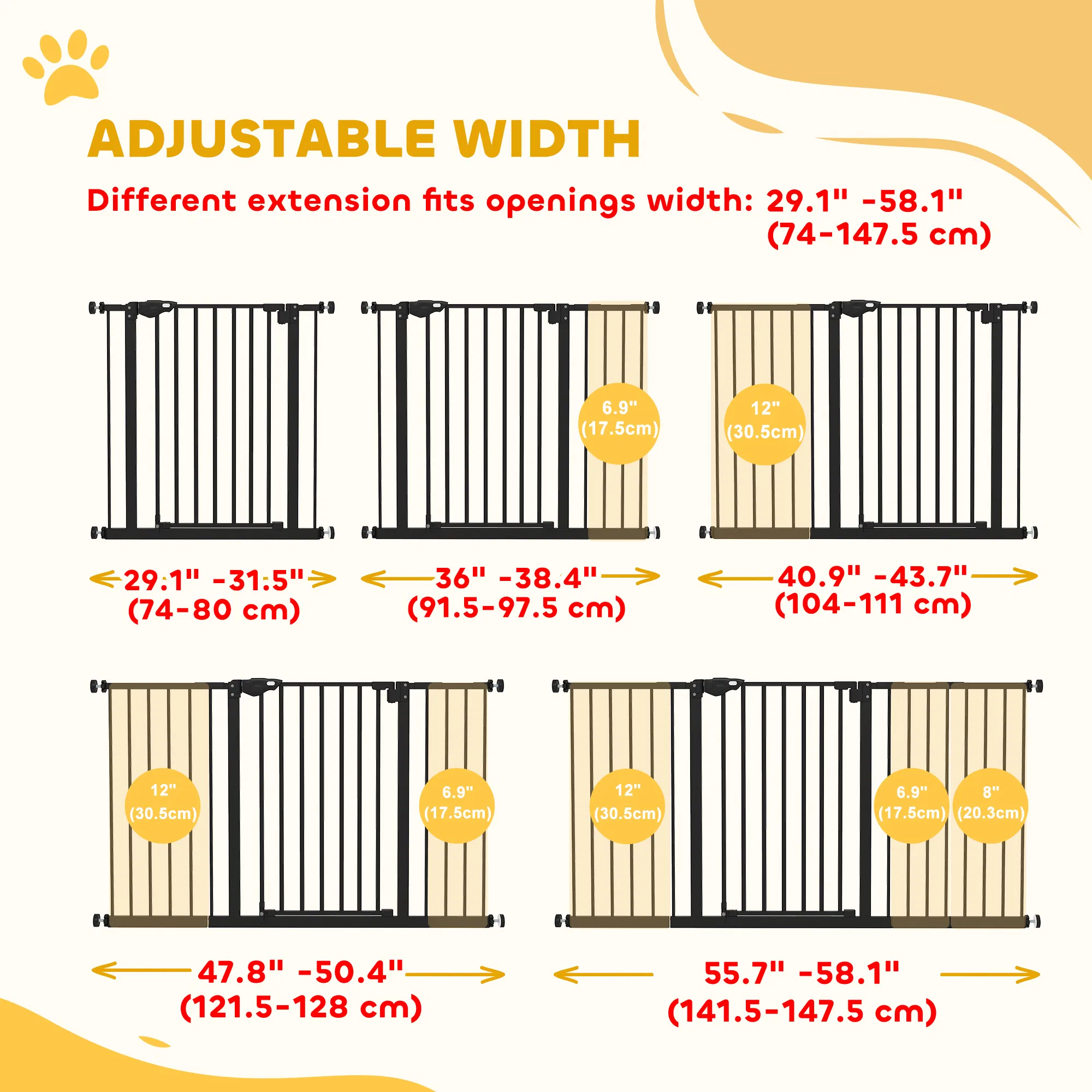 Pet Gate with Door Dog Gate and Barrier Indoor for Stairs Includes 7", 8", 12" Extensions Kit, 30 Inch Tall Pressure-Mounted Safety Gate, Black — image 4