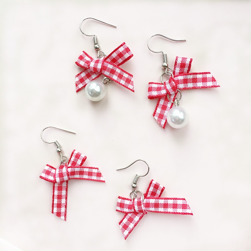 Pulseras de Pendientes en Forma de Pastel de Fresa con Estampado de Cuadros Rojo y Blanco, Clásico, para Mujer — imagen 5