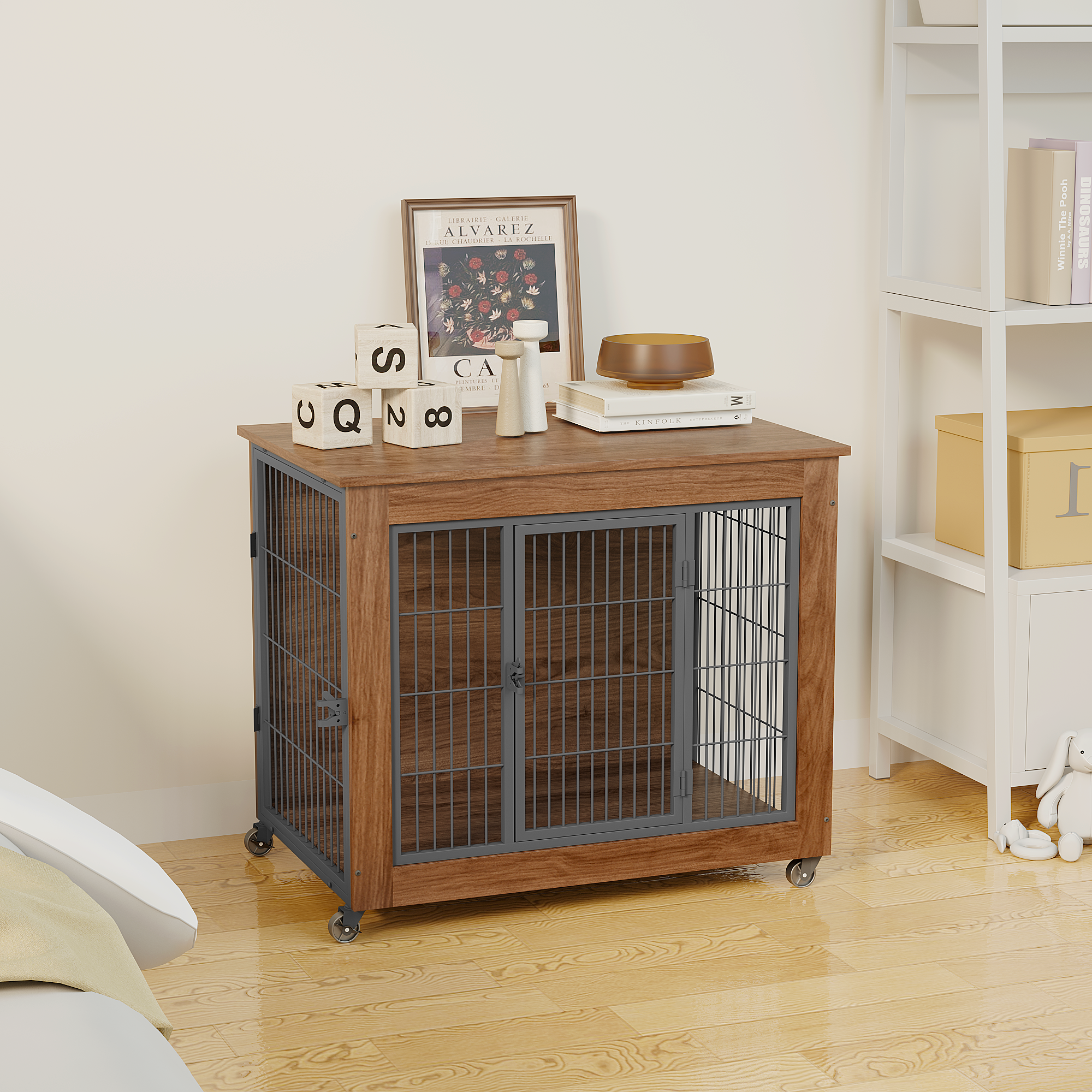 32.5 Dog Crate Furniture With Wheels For Small Dogs, Heavy Duty Dog Kennel Indoor With 2 Doors, Wooden Pet Cage End Table, Double-Doors Sturdy Metal Dog Cage For Anxiety Dog — imagen 3