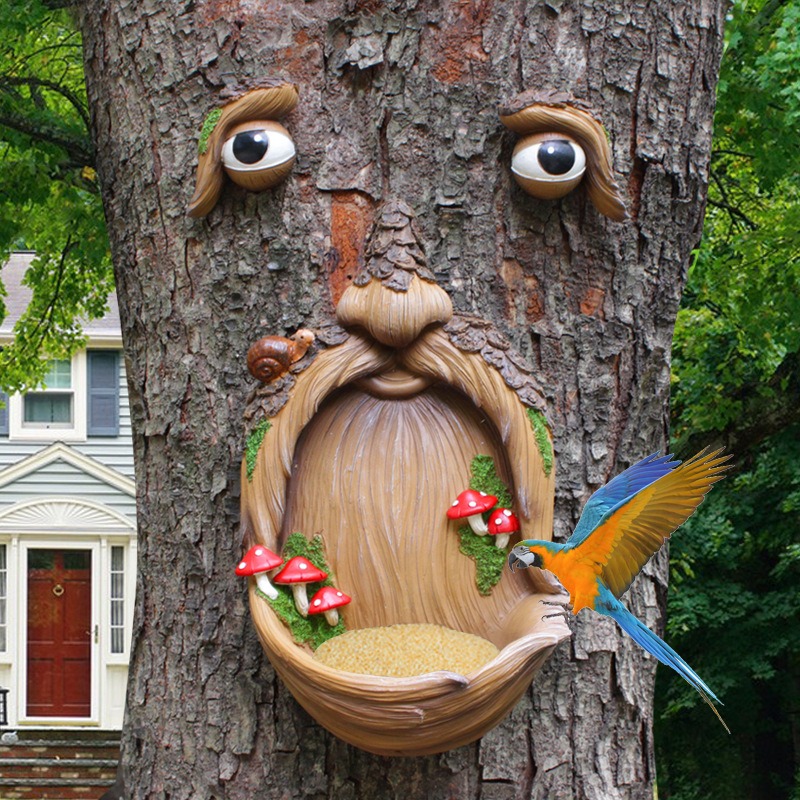 Lámpara colgante de comedero para pájaros con cara de árbol y hongos, diseño creativo de corteza de árbol, monstruo de árbol, rasgos faciales, artesanía, decoración exterior — imagen 4