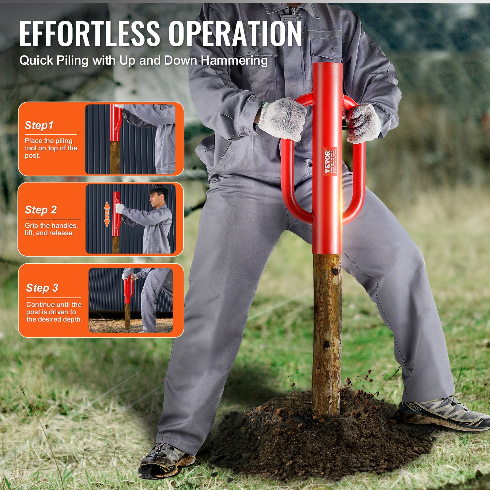 Fence Post Driver With Handles, 4.11 In Inner Diameter T Post Pole Pounder, 22LB Heavy Duty Carbon Steel Hand Post Rammer, Farm Fencing Hole Digger For U Channel, Sign Pole, Wooden Post, Red — imagen 2