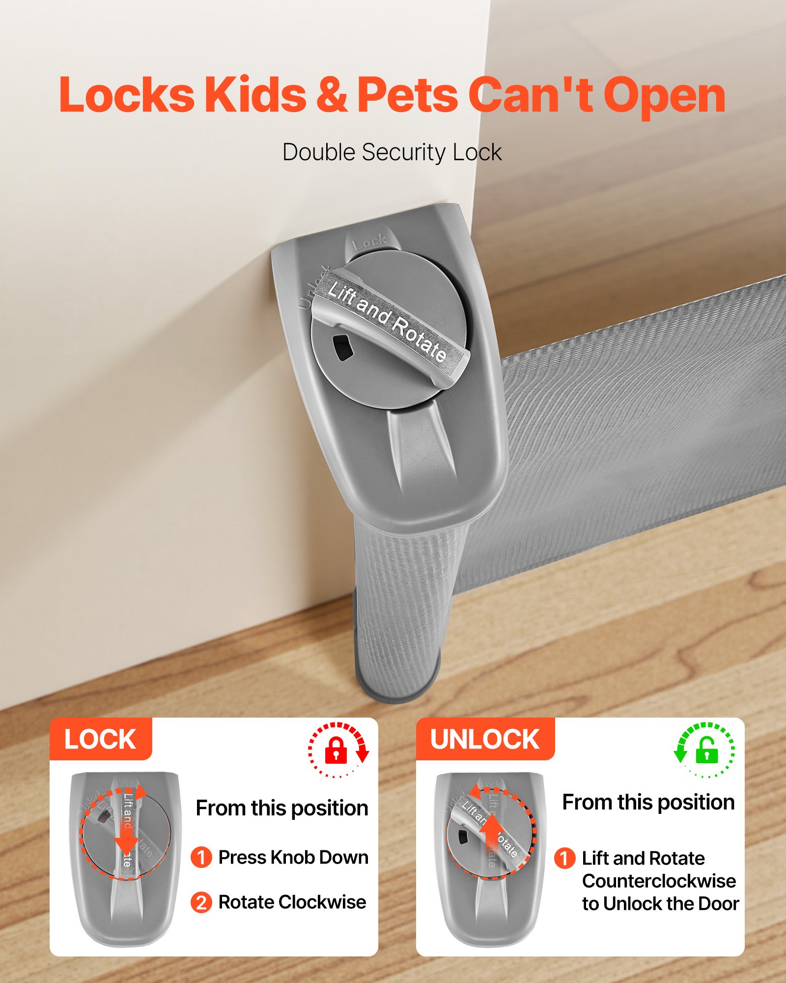Retractable Baby Gate, Extends To 56.3 Inch Wide, 31.3 Inch Tall, With Security Lock, Easy To Use, Walk Through Without Tripping, Mesh Dog Gate For Stairs, Hallways, Indoor/Outdoor, Gray — imagen 5