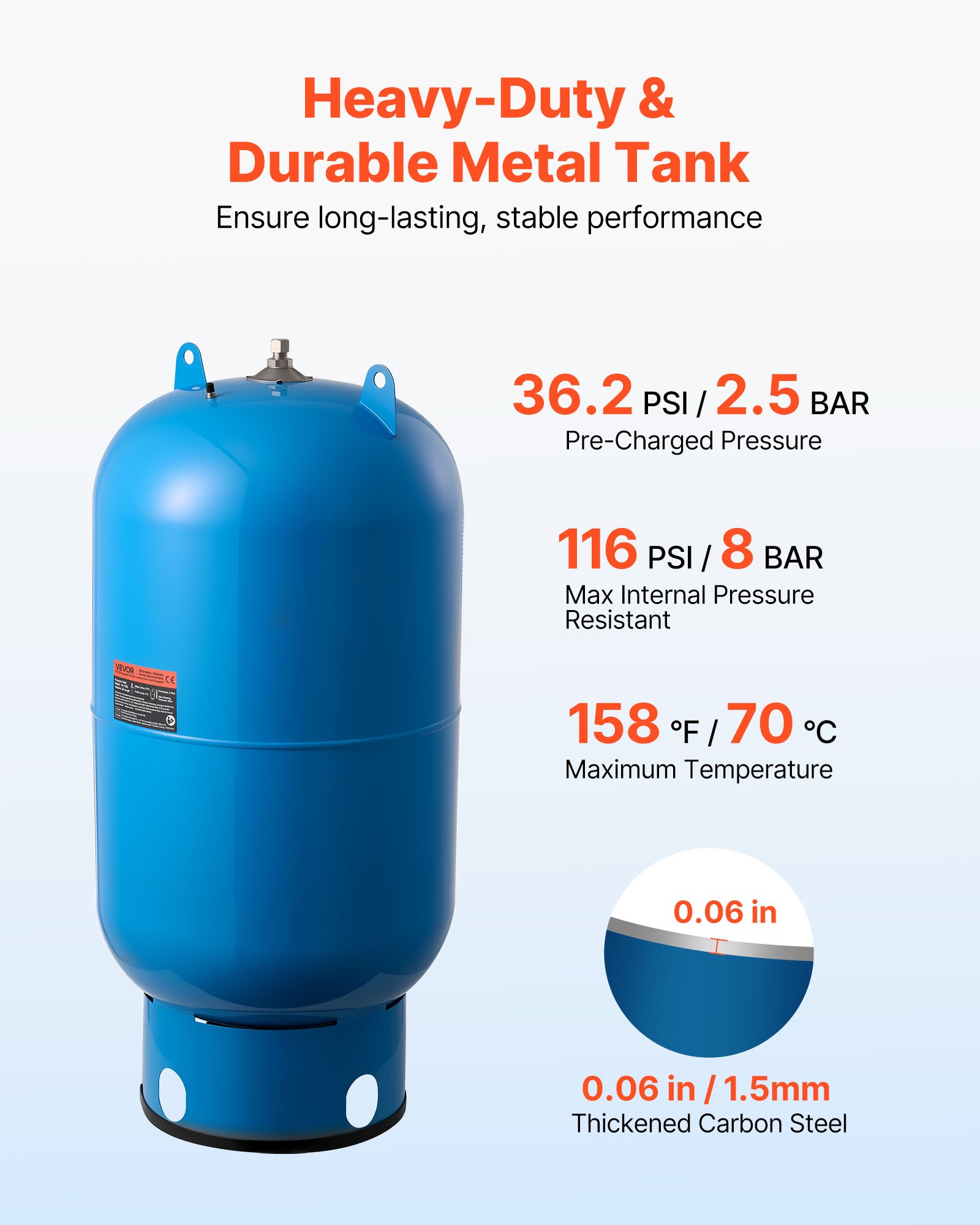 34-Gallon Vertical Well Pressure Tank, Pre-Charged Pressurized Water Tank For Well Pumps, Heavy-Duty Carbon Steel Water Storage Container For Home, School, Farm & Irrigation Systems — imagen 3