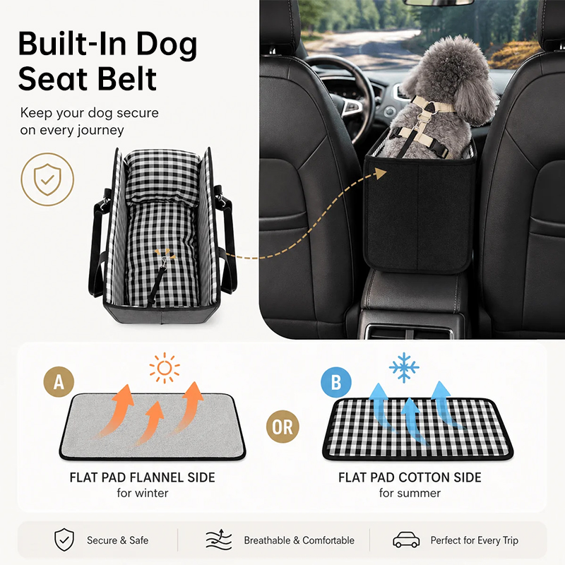 Car Mounted Pet Car Seat – Portable Small Dog Grid Seat with Soft Cushion & Seat Belt, Dog Car Accessories — image 7