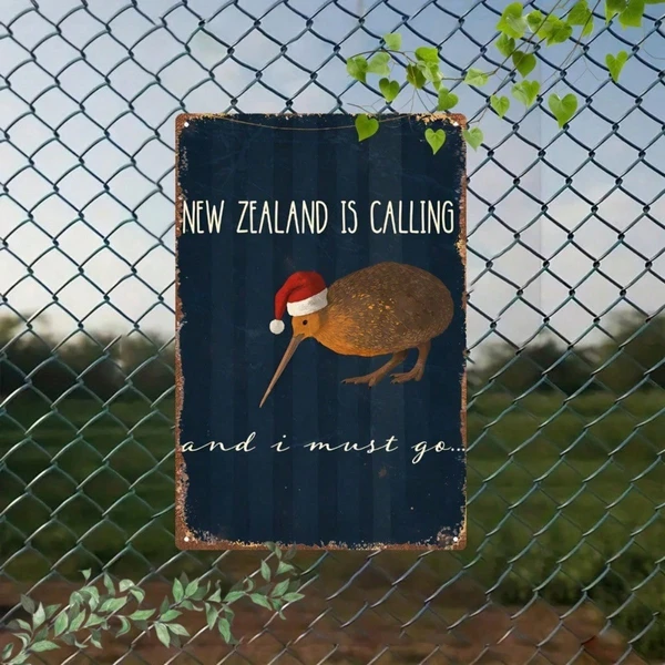 CIFbuy New Zealand Kiwi Metal Sign With Christmas Hat, Vintage 2D Flat Plaque Wall Art, Festive Holiday Decor Ornament For Living Room, Oom Logiopics — image 3