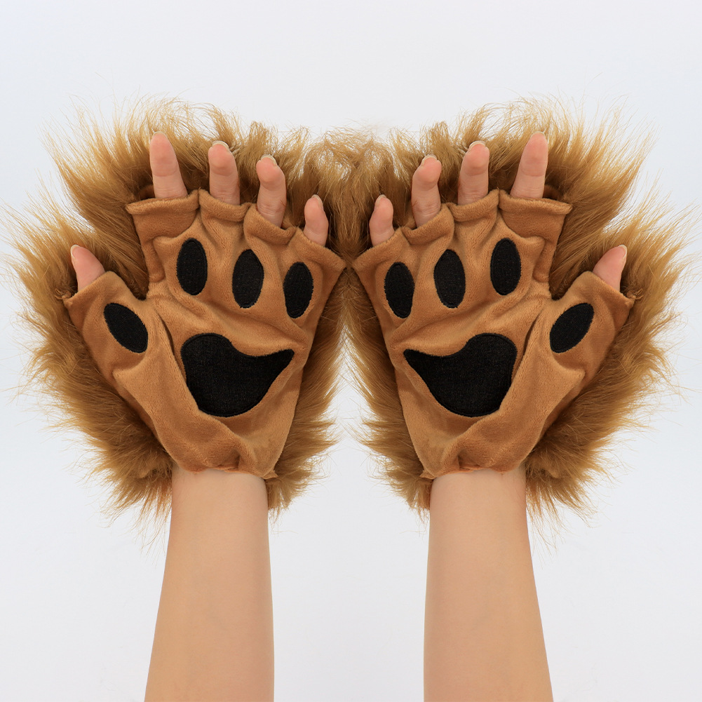 Fuzzy Cat Paw Gloves Halloween Costume Prop Cosplay Wearable Half-Finger Animal Paws Winter Warmth — image 8