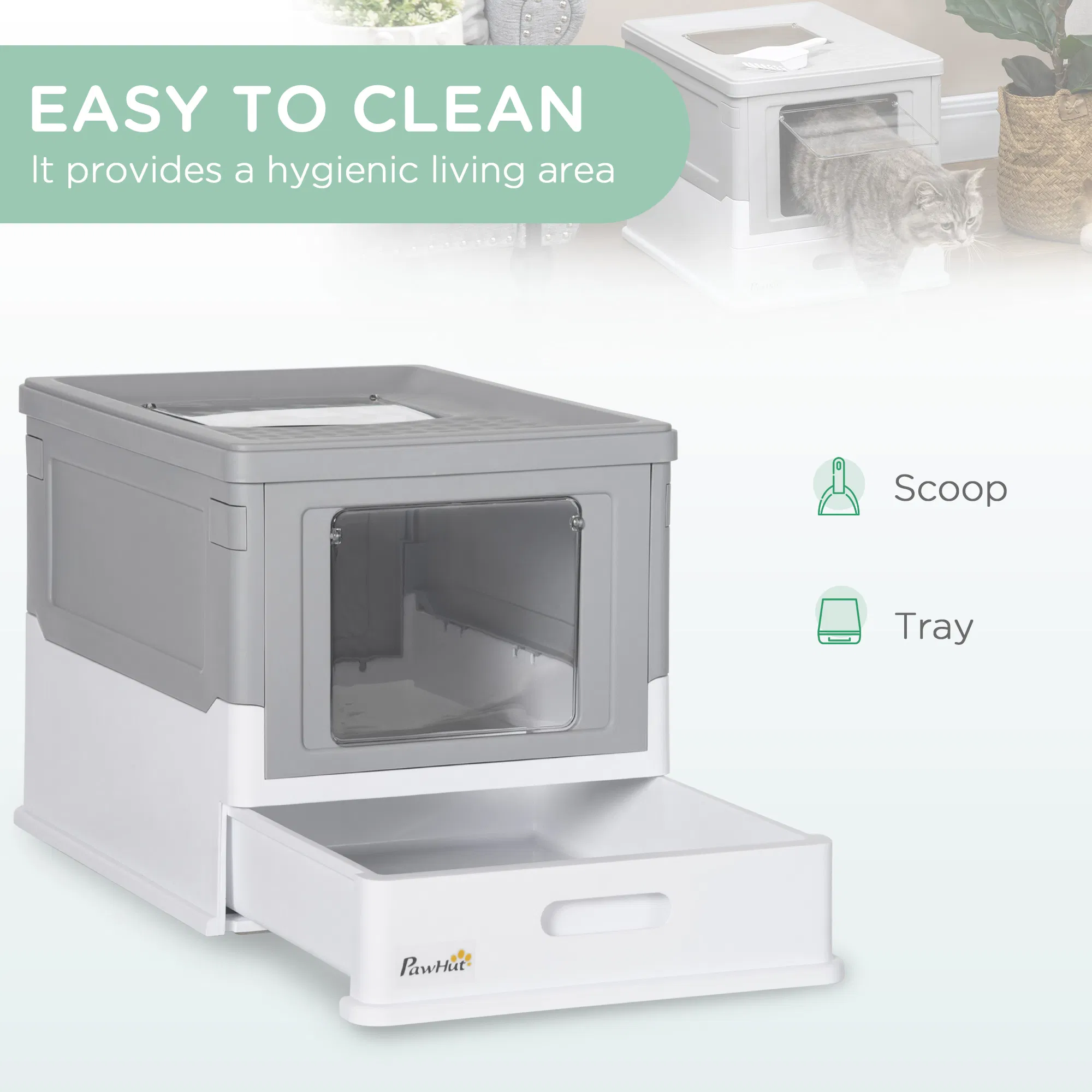 Top Entry Enclosed Kitty Litter Box with Scoop, Tray, Front Entry, Large Space, Foldable, Portable, Grey — image 3