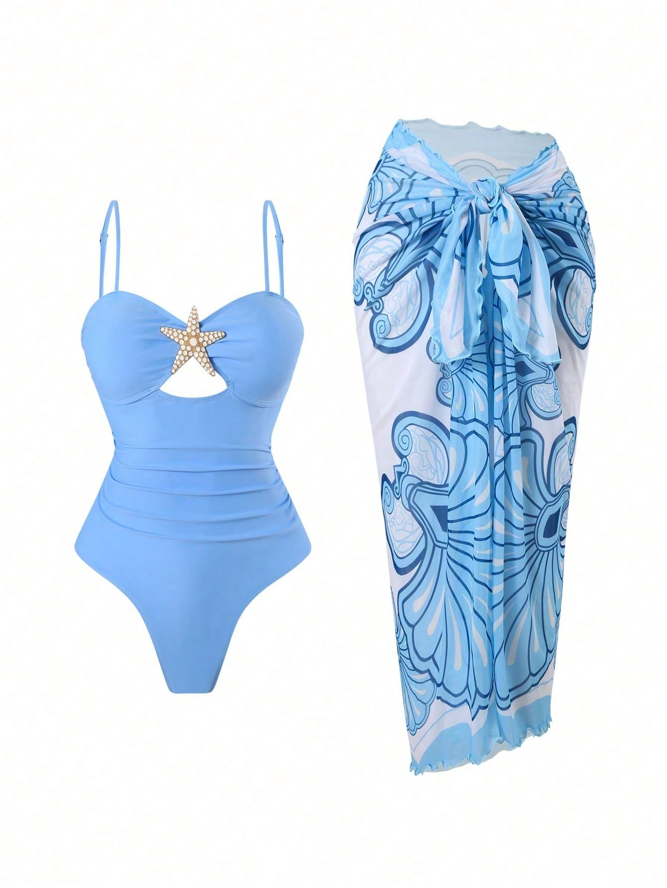 Nuevo Traje de Baño Entero con Decoración de Estrella de Mar 2026 y Falda Cubre-Bikini con Estampado Azul y Blanco, Conjunto de Baño Reductor y Adelgazante para Vacaciones — imagen 1