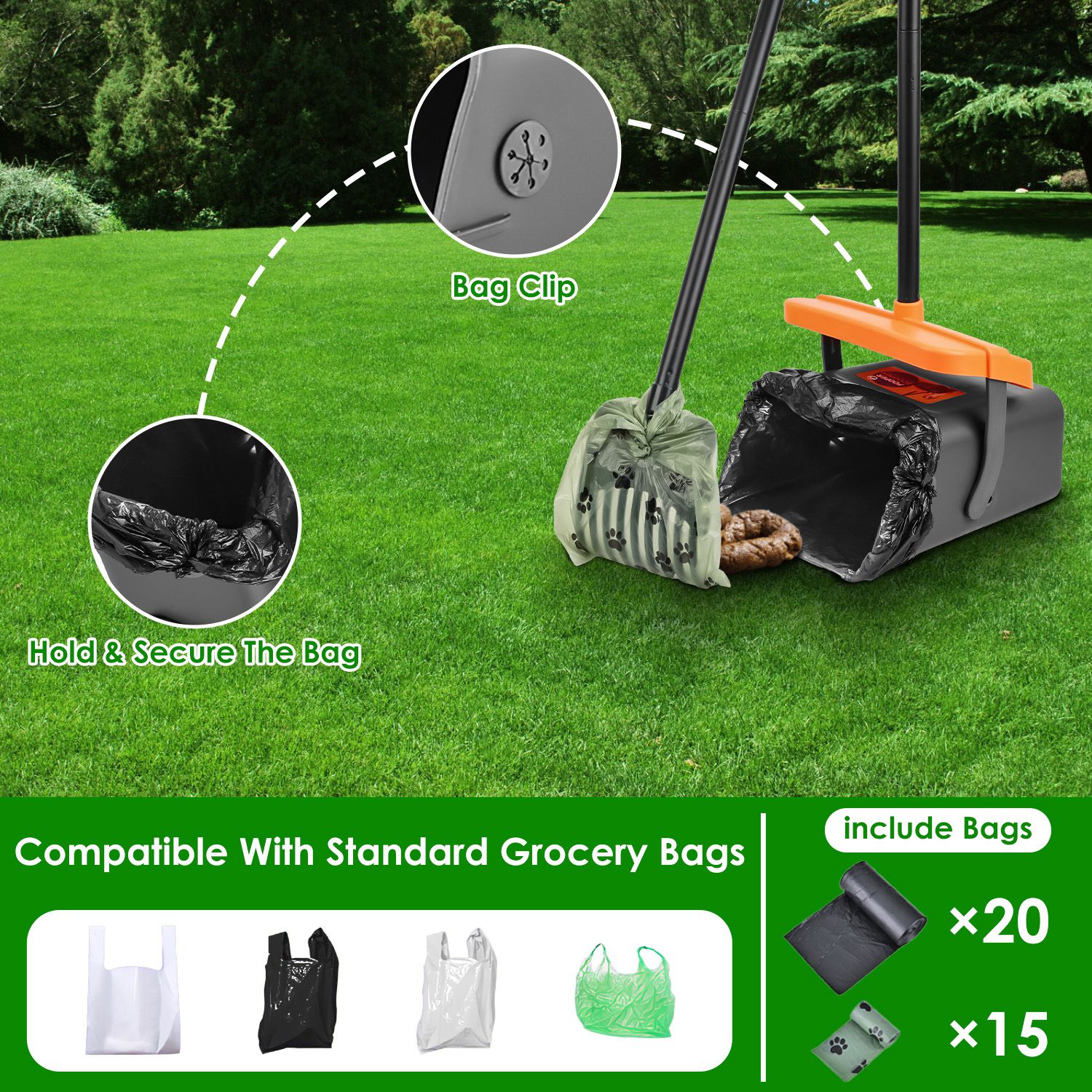 1 Juego de Kit Recogedor de Excremento para Perros Rastrillo y Bote Giratorio Herramienta Resistente para Recoger Excremento con Mango Extra Largo, 35 Bolsas de Desecho y Dispensador — imagen 7