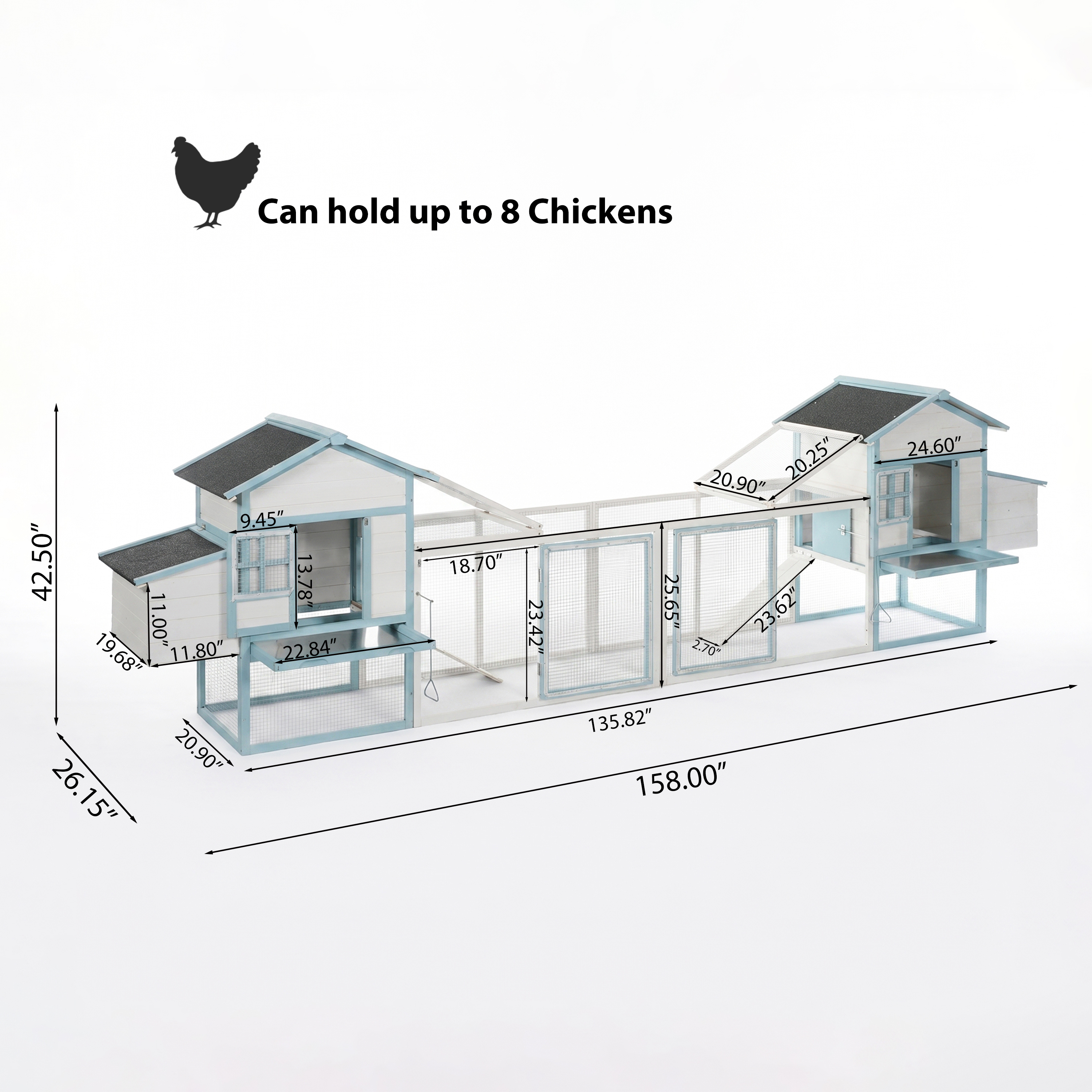 Casa de Gallinas Grande en Madera con Dos Cajas de Incubación, Corral Exterior con Techo Impermeable de Asfalto y Acceso Peatonal, Jaula de Pollos de Madera de Abeto con Platos de Desperdicios Retraillables, Azul y Blanco para Gallineros de Patio — imagen 7