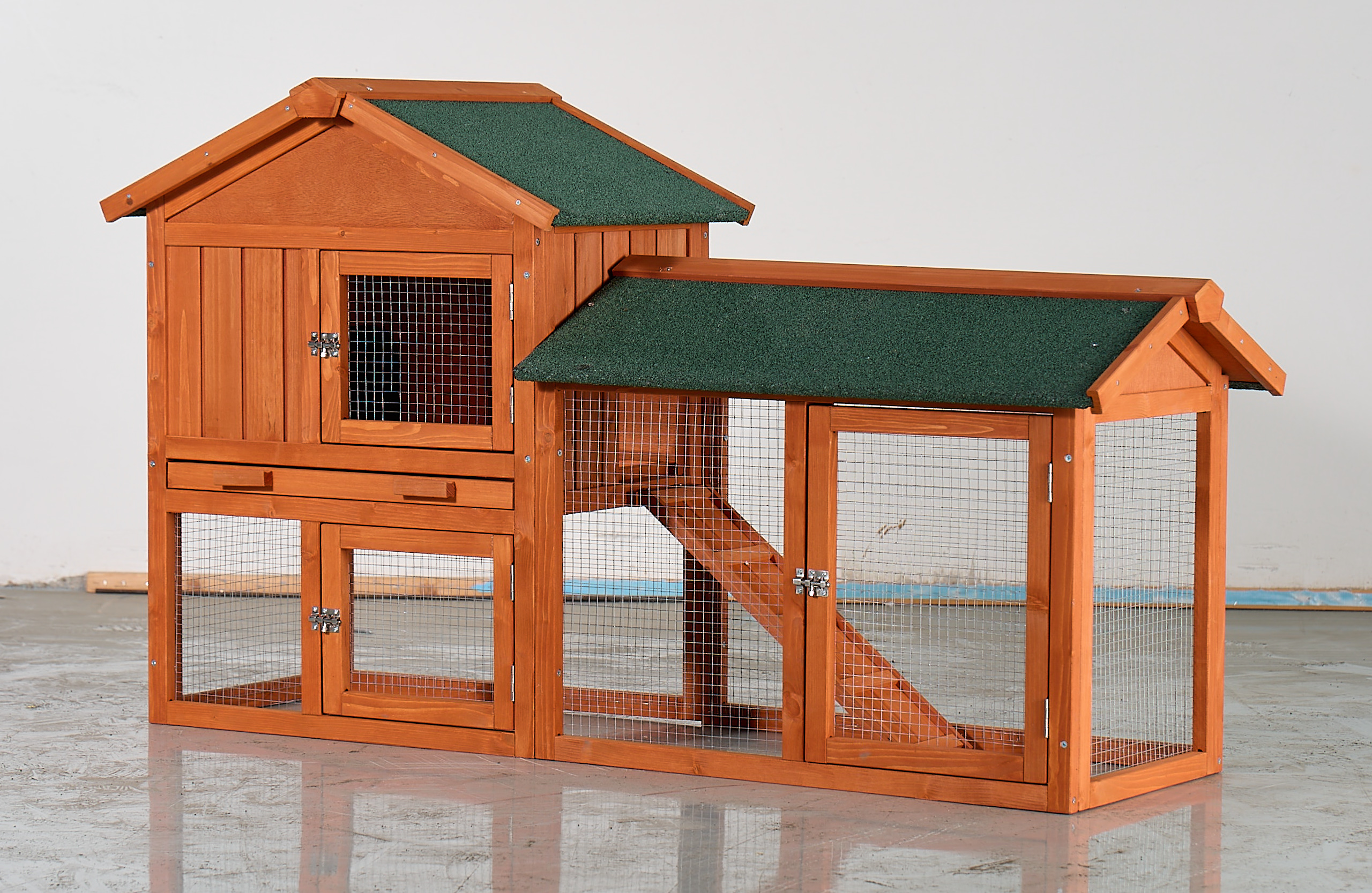Large Wooden Rabbit Hutch, 2-Story Outdoor Bunny Cage With Waterproof Asphalt Roof, Pull-Out Tray & Ramp, Fir Wood Pet House For Rabbits, Chickens, Guinea Pigs Brown & Green — imagen 1