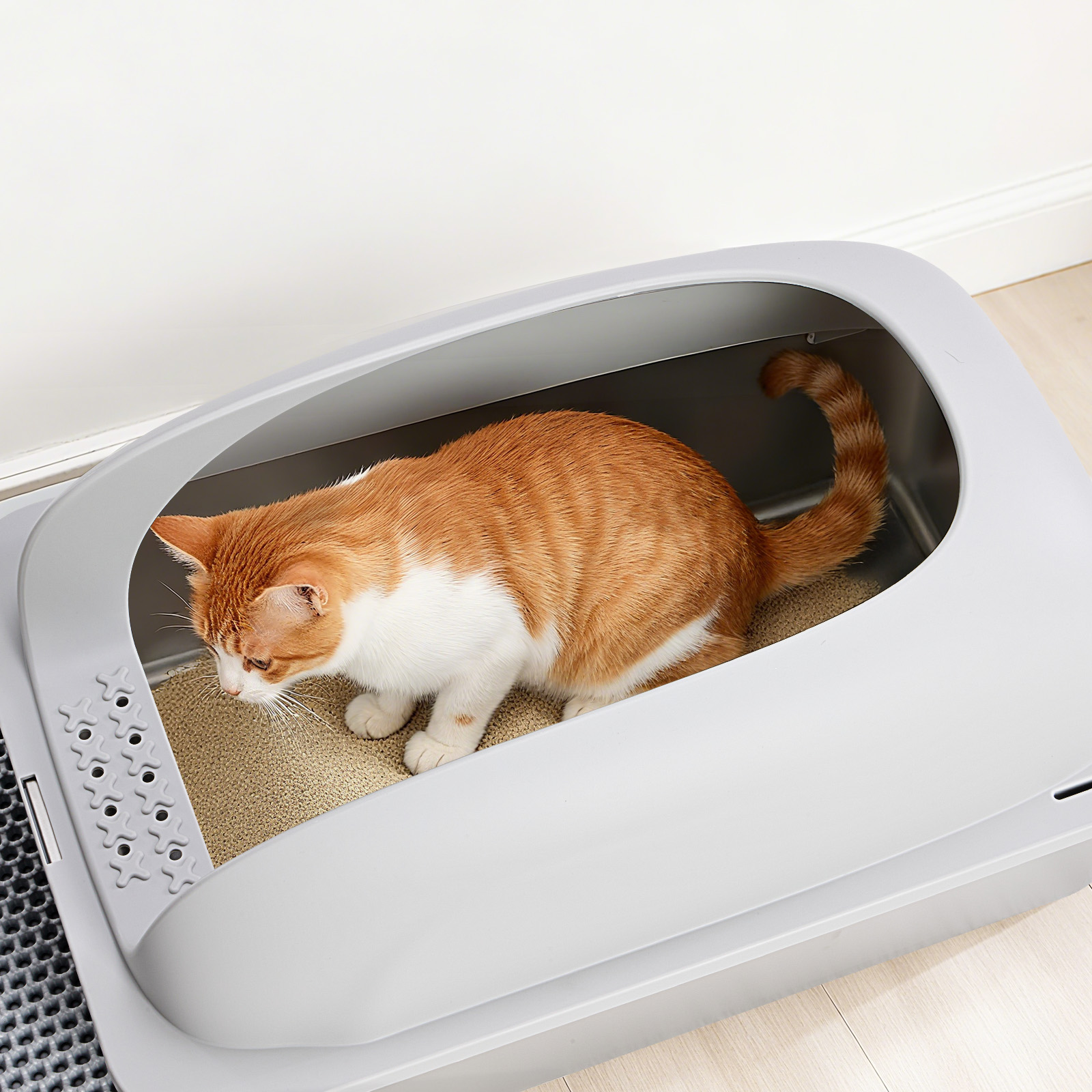 Caja de Arena para Gatos en Acero Inoxidable con Tapadera, Gran Caja de Arena para Gatos Grandes, Escoba y Manta Incluidas — imagen 2