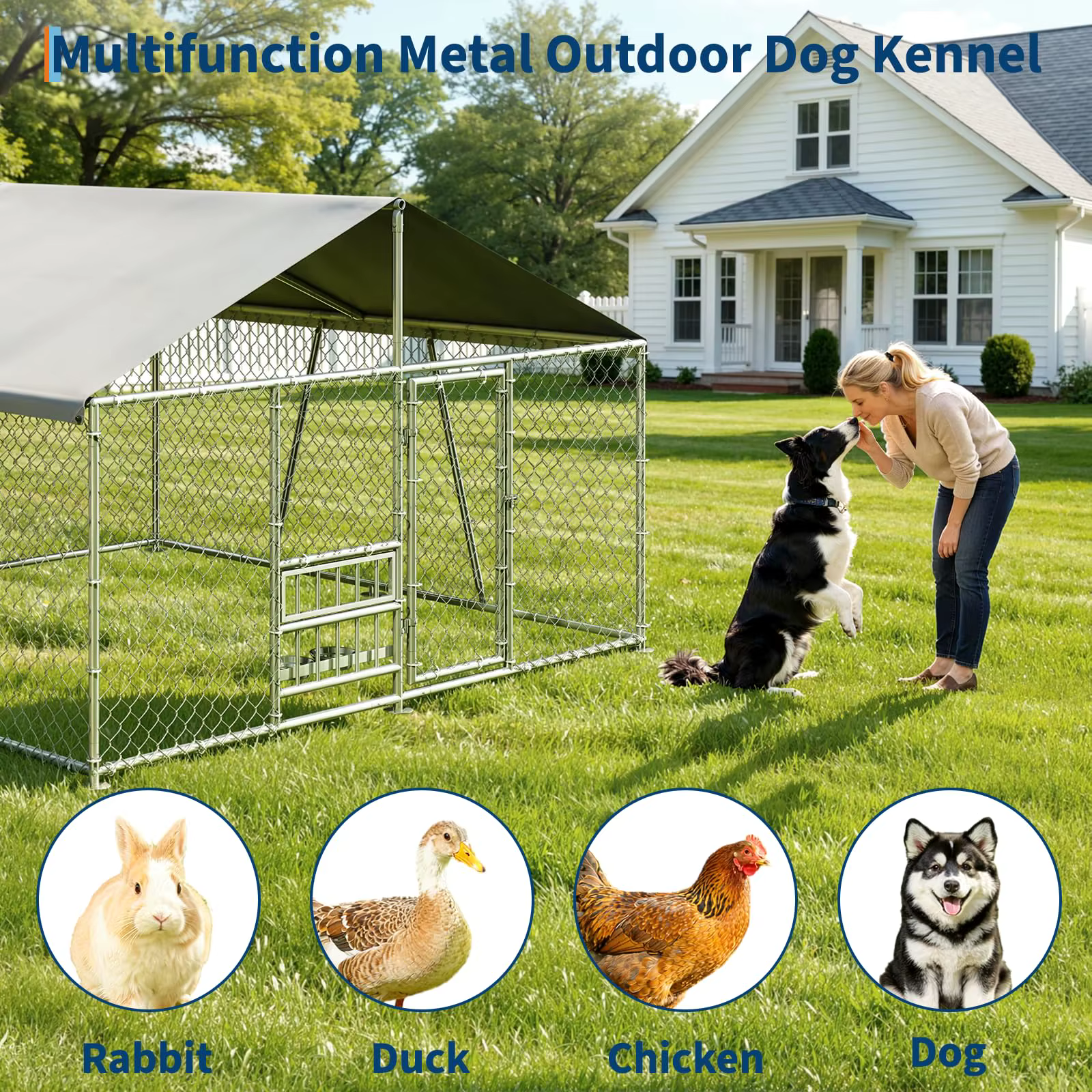 Outside Dog Enclosure With PE Waterproof Roof, 360° Feeding Door, Heavy Duty Lockable Galvanized Kennel — image 7