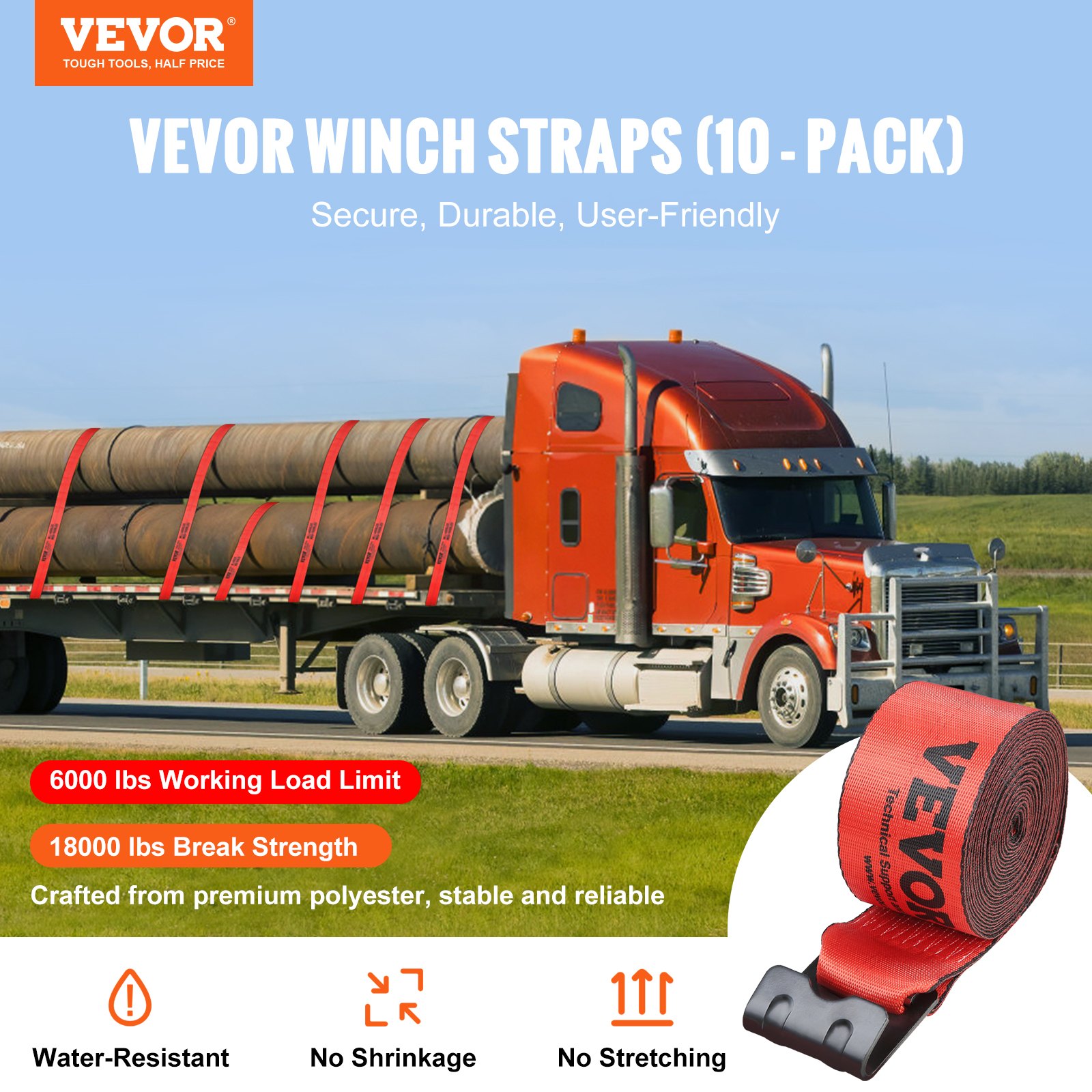 Winch Straps, 4' X 30', 6000 Lbs Load Capacity, 18000 Lbs Breaking Strength, Truck Straps With Flat Hook, Flatbed Tie Downs Cargo Control For Trailers, Farms, Rescues, Tree Saver, Red (10 Pack) — image 2