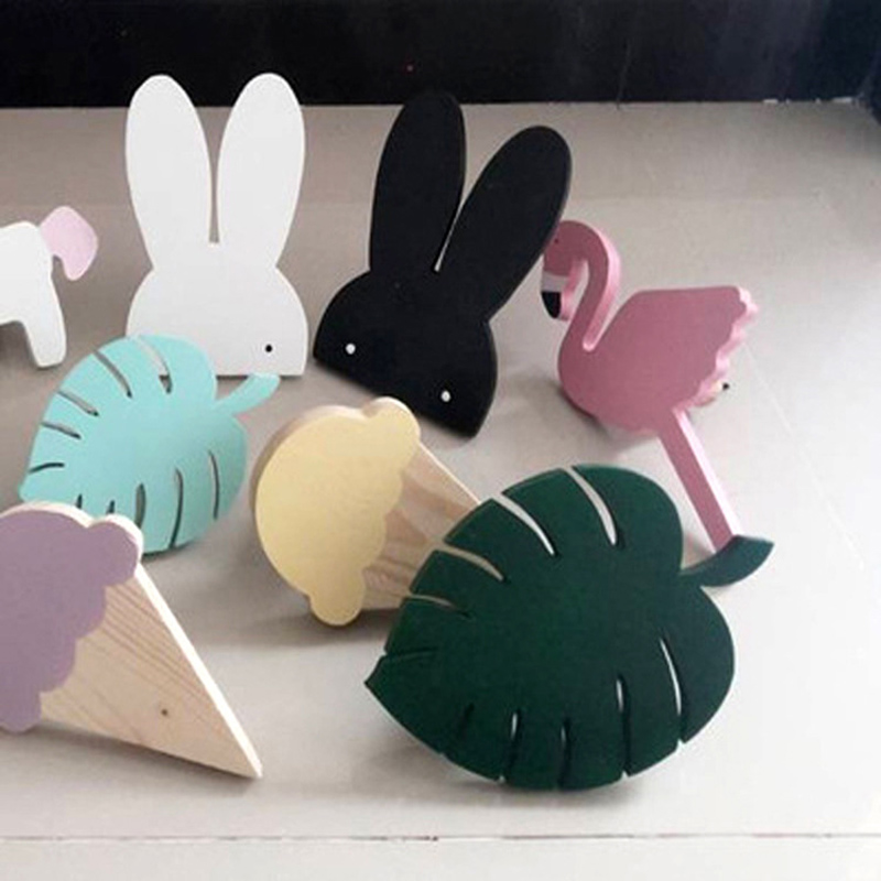 Nordic Kids Room Decorative Wall Hanging Clothing Hooks Wood Rabbit Cactus Children Wall Sticker ice cream Hanger Clothes Hook — image 1
