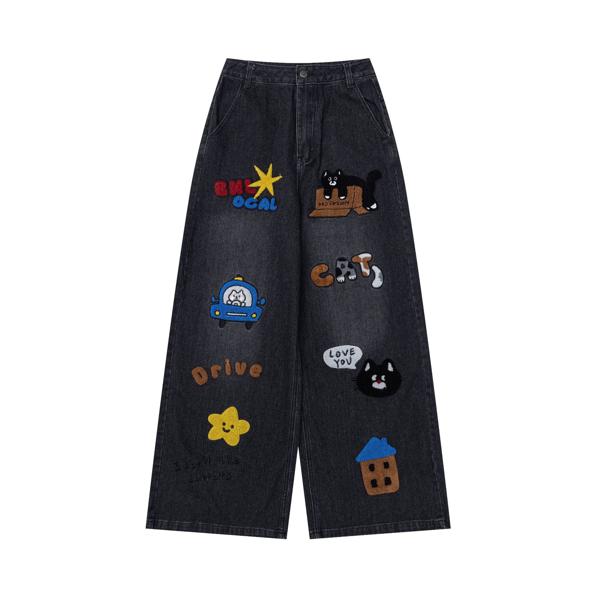 Wide Leg High Waist Denim Jeans with Cartoon Cat Embroidery — image 3