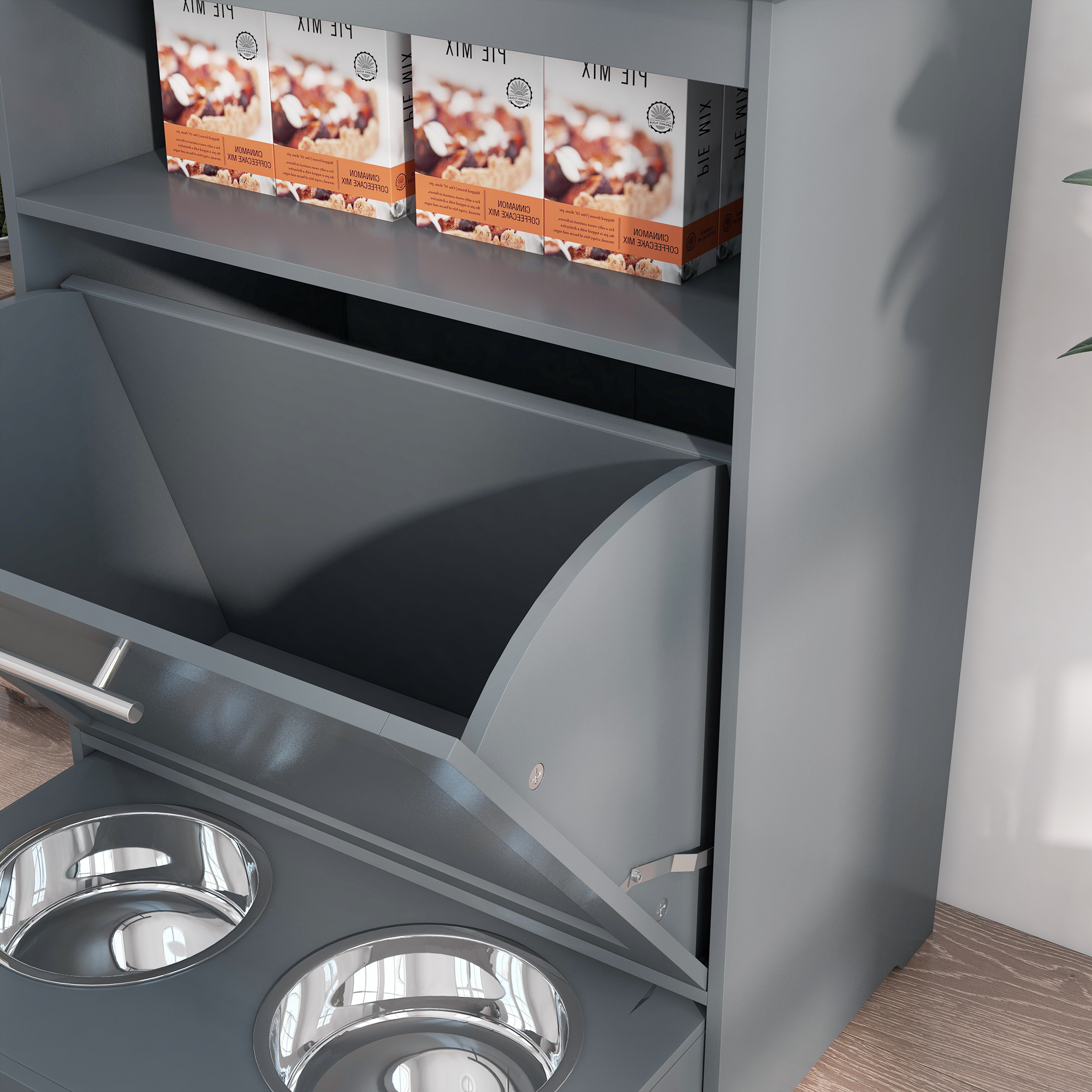 Pet Feeder Station Storage Cabinet, Dog Food Storage Container with Dog Raised Bowls, Watering Supplies, Gray — image 7