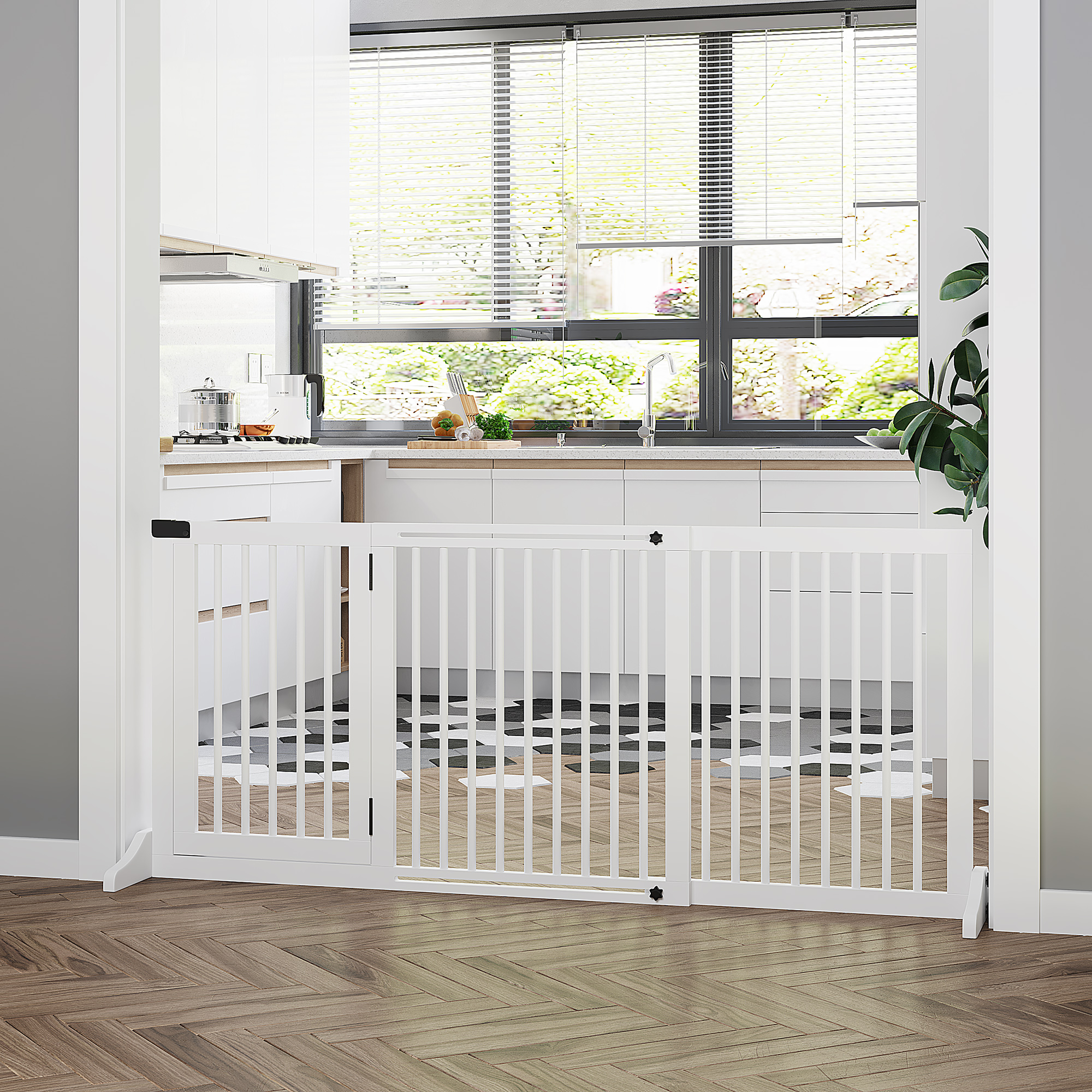 Freestanding Length Adjustable Wooden Pet Gate with Lockable Door 3 Panels, White — image 1