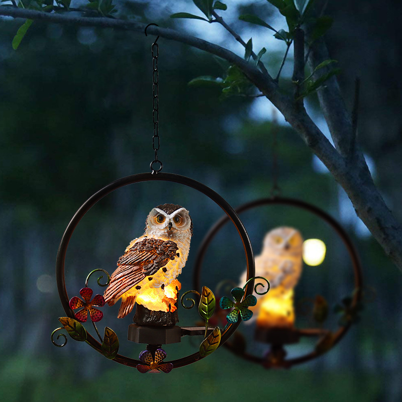 Owl Solar Resin Wrought Iron Hanging Light Outdoor Garden Wind Chime Light LED Landscape Decoration Pendant Light — image 3