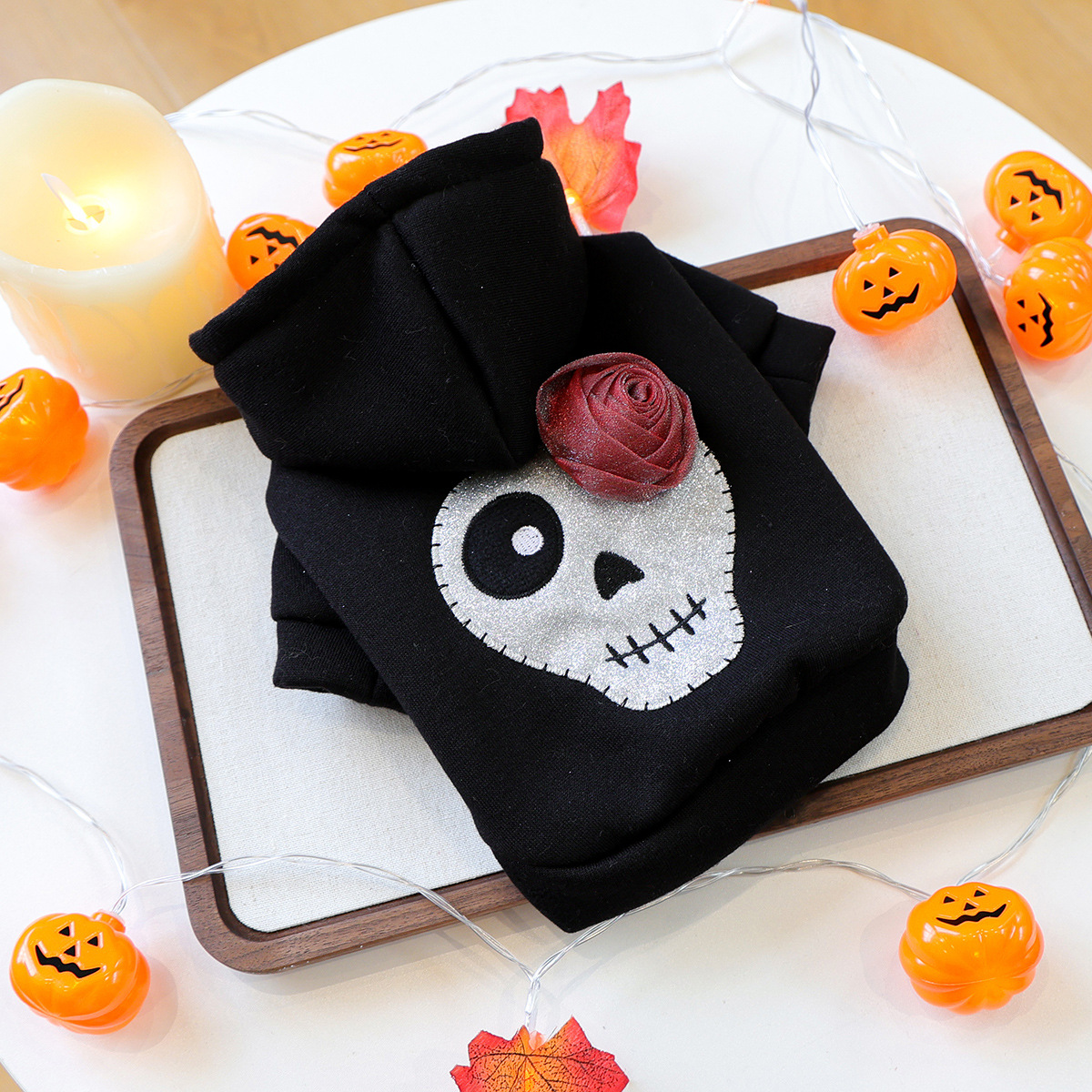 Pet Clothes for Small Dogs and Puppies, Dark Style Festival Outfit, Silver Skull Halloween Hoodie — image 5
