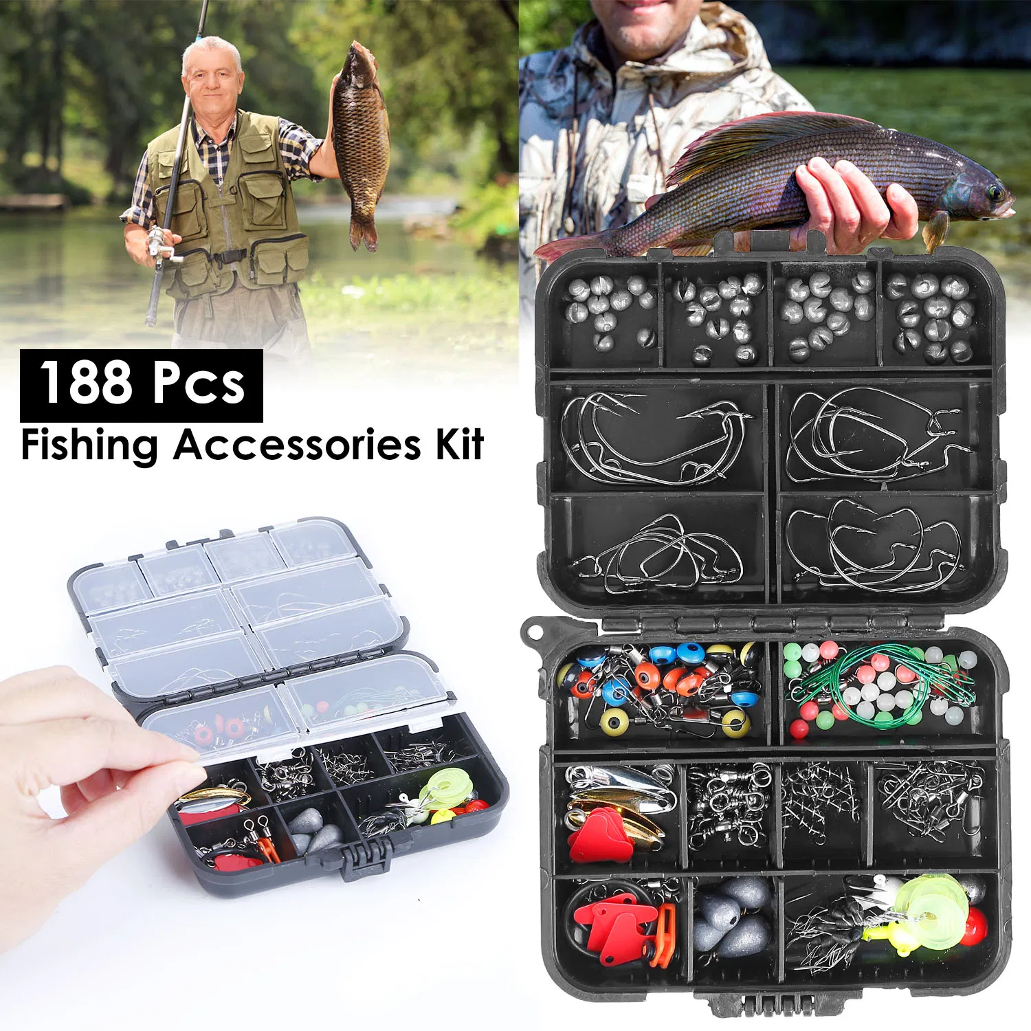 188PCS Fishing Accessory Kit - Includes Hooks, Sinker Weights, Lures, Swivels & More, Premium Corrosion-Resistant Material with Tackle Box for Easy Storage & Carry, Ideal Gift for Fishermen — image 1
