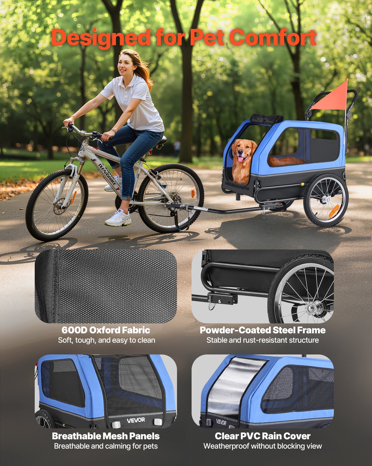 Dog Bike Trailer, Supports Up To 88 Lbs, 2-in-1 Pet Stroller Cart Bicycle Carrier For Small & Large Dogs, Easy Folding Frame With Quick Release Wheel, Universal Bicycle Coupler, Internal Leash — imagen 4