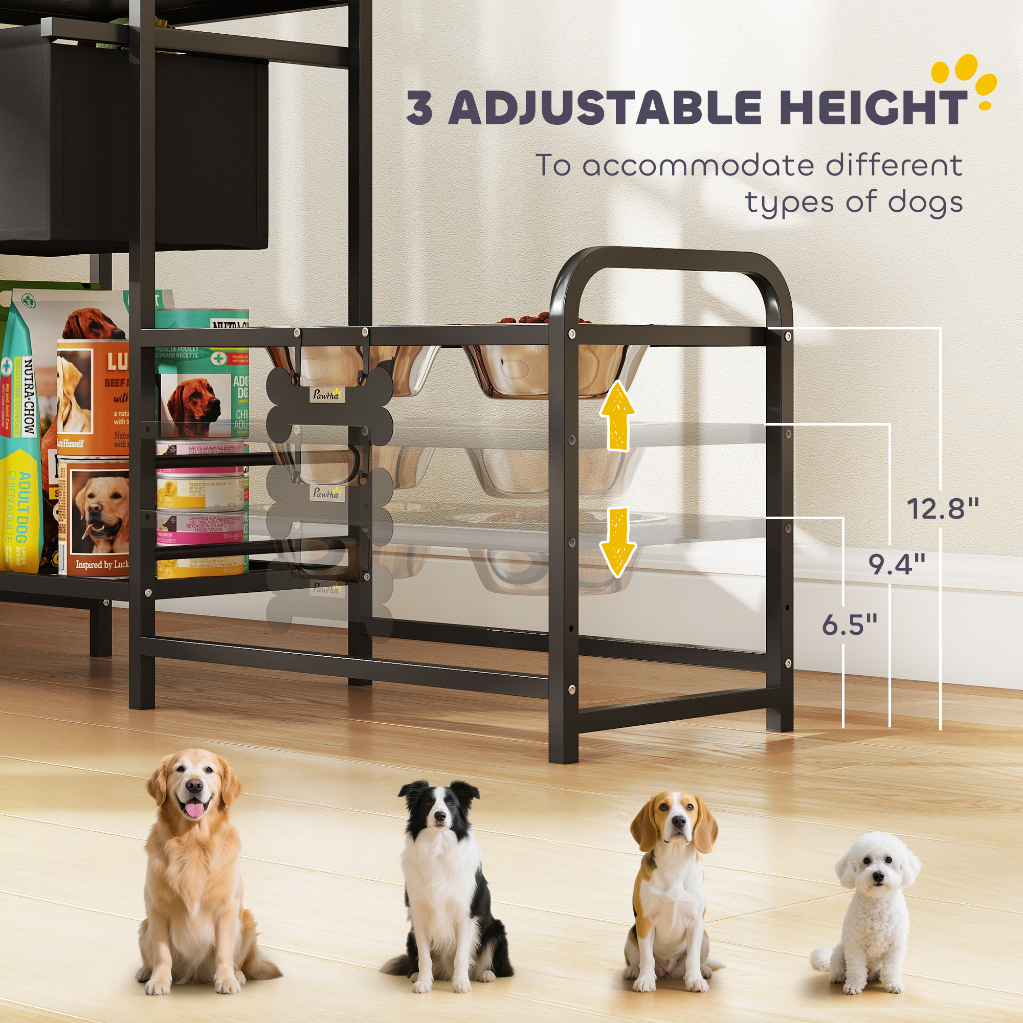 Soporte para Comederos de Perro con 3 Alturas Ajustables, 2 Estaciones de Alimentación, Cesta para Juguetes, Negro — imagen 6