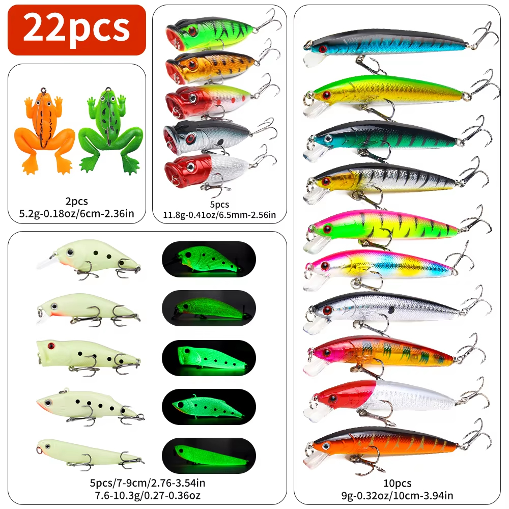 22pcs 1set Hard Lure Bait Soft Frog Popper Minnow Pencil VIB Luminous Lure Kit Durable Hooks Realistic Action Ideal — image 1
