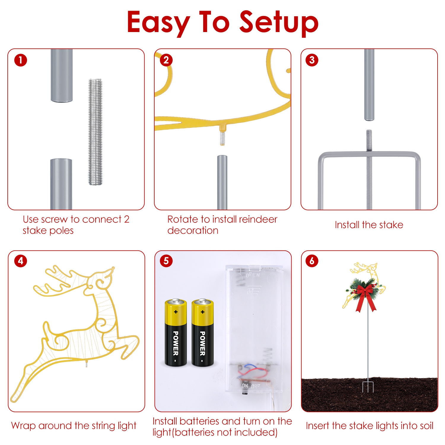 2 renos navideños luminosos, estacas de luces LED para camino, a pilas, para jardín, césped, porche, puerta principal y decoración navideña de patio — imagen 8
