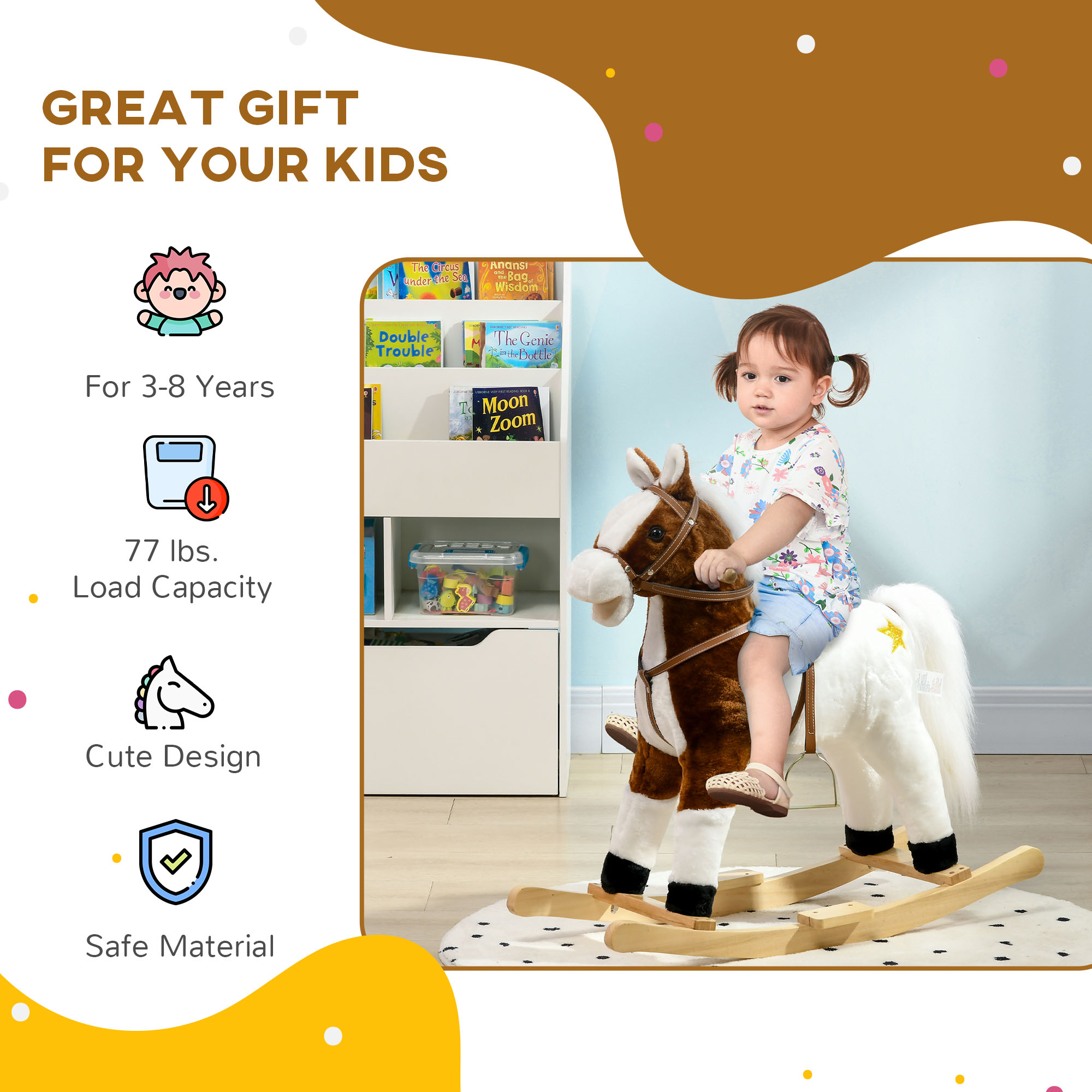 Caballo de Madera con Sonido, Poni de Roca con Silla y Casco, Regalo para Niños de 3 a 8 Años, Marrón — imagen 3