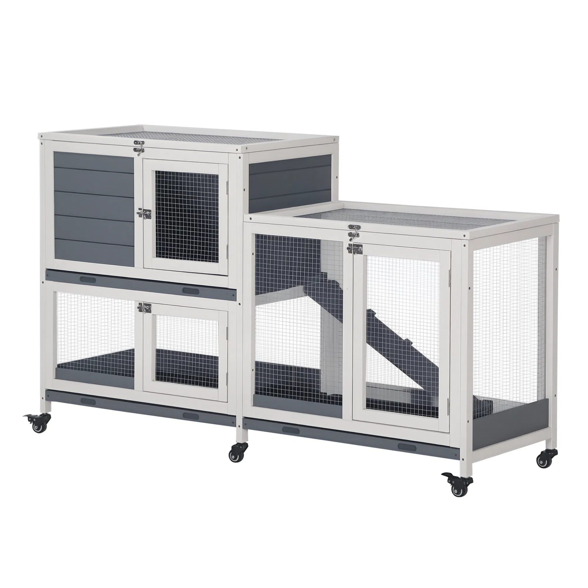 Wooden Rabbit Hutch Elevated Pet House Bunny Cage Small Animal Habitat with Slide-out Tray Lockable Door Openable Top for Indoor 58" x 18" x 35" Grey — image 1