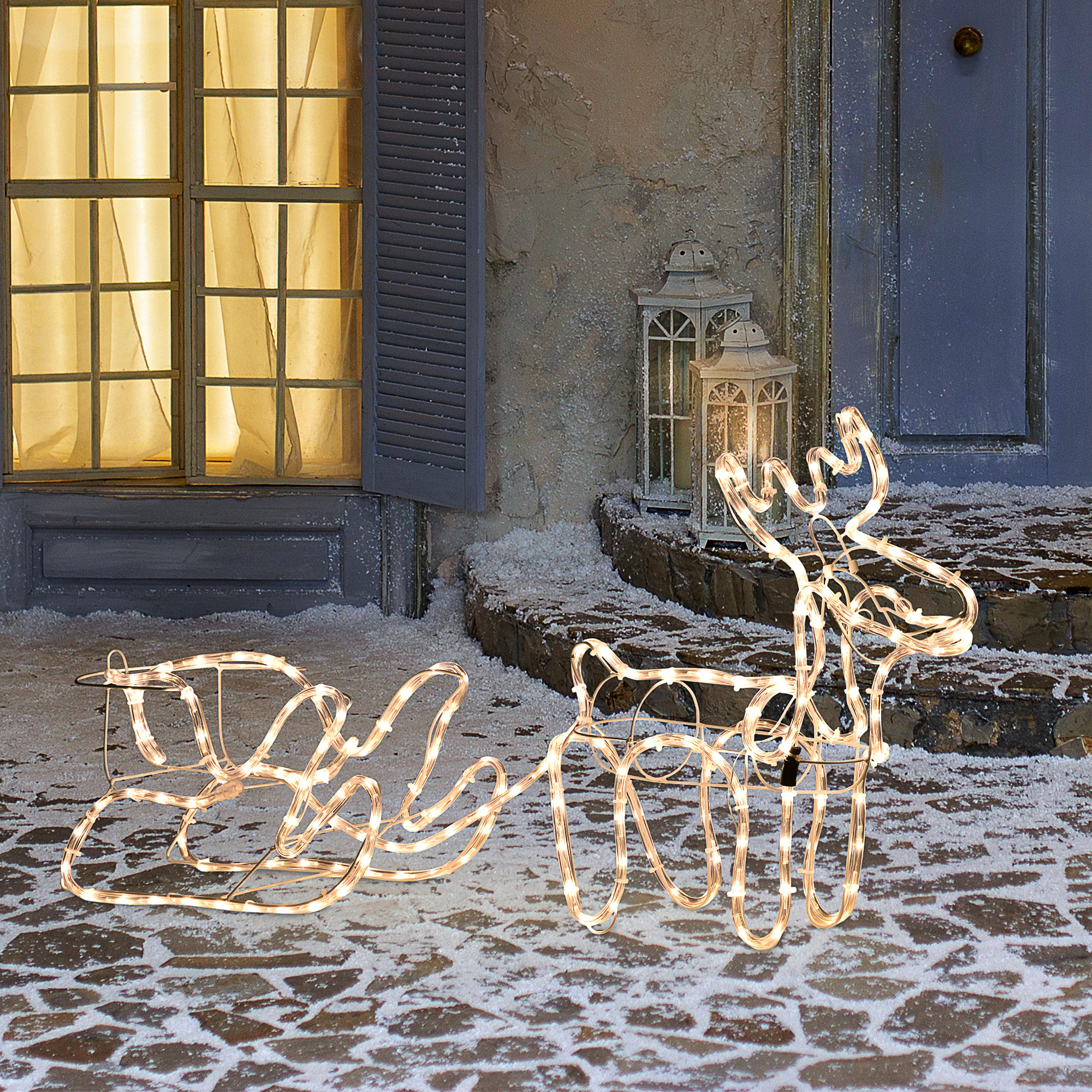 Reno y Trineo Navideño de 35" con Luces LED de Motivo Blanco Cálido, Estructura de Acero para Interior y Exterior, Decoración de Jardín — imagen 2