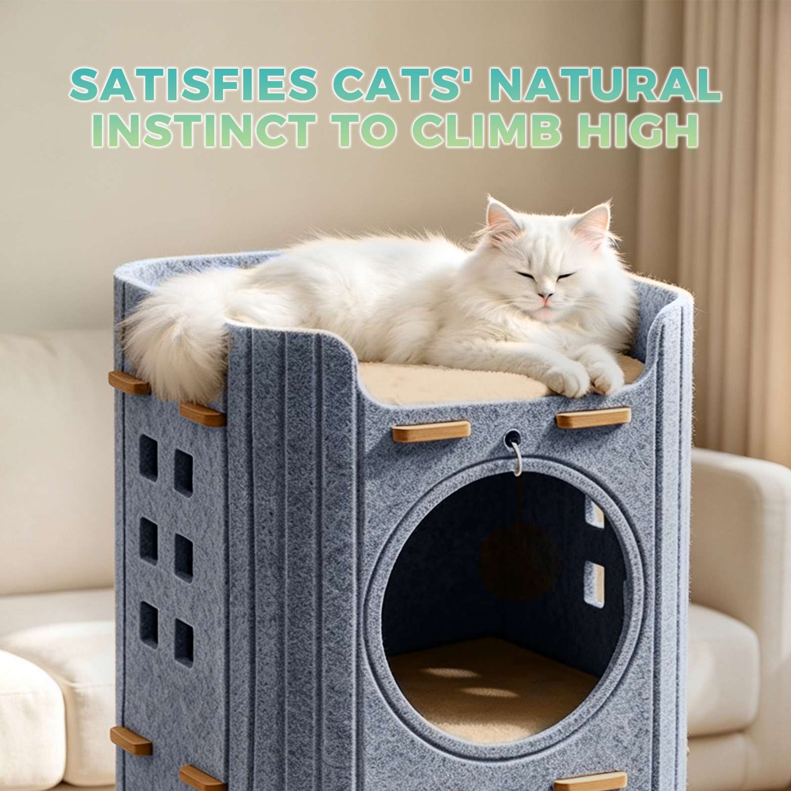 Torre de Fieltro para Gatos de 3 Niveles, Cueva Multinivel Tipo Condominio, Refugio Apilable para Interior con Pelota de Juguete Colgante