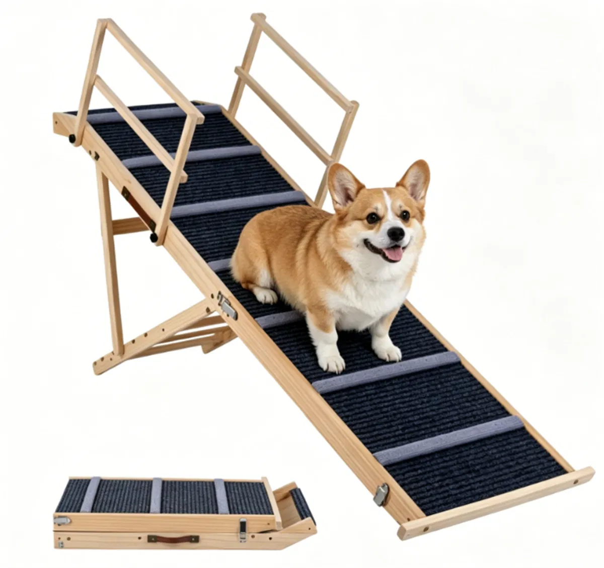 6-Level Adjustable Foldable Pet Ramp, Solid Pine Wood Non-Slip Dog Stairs with Side Rails, 145 lbs Heavy Duty Pet Step for Senior Dogs & Pets with Mobility Issues — image 9