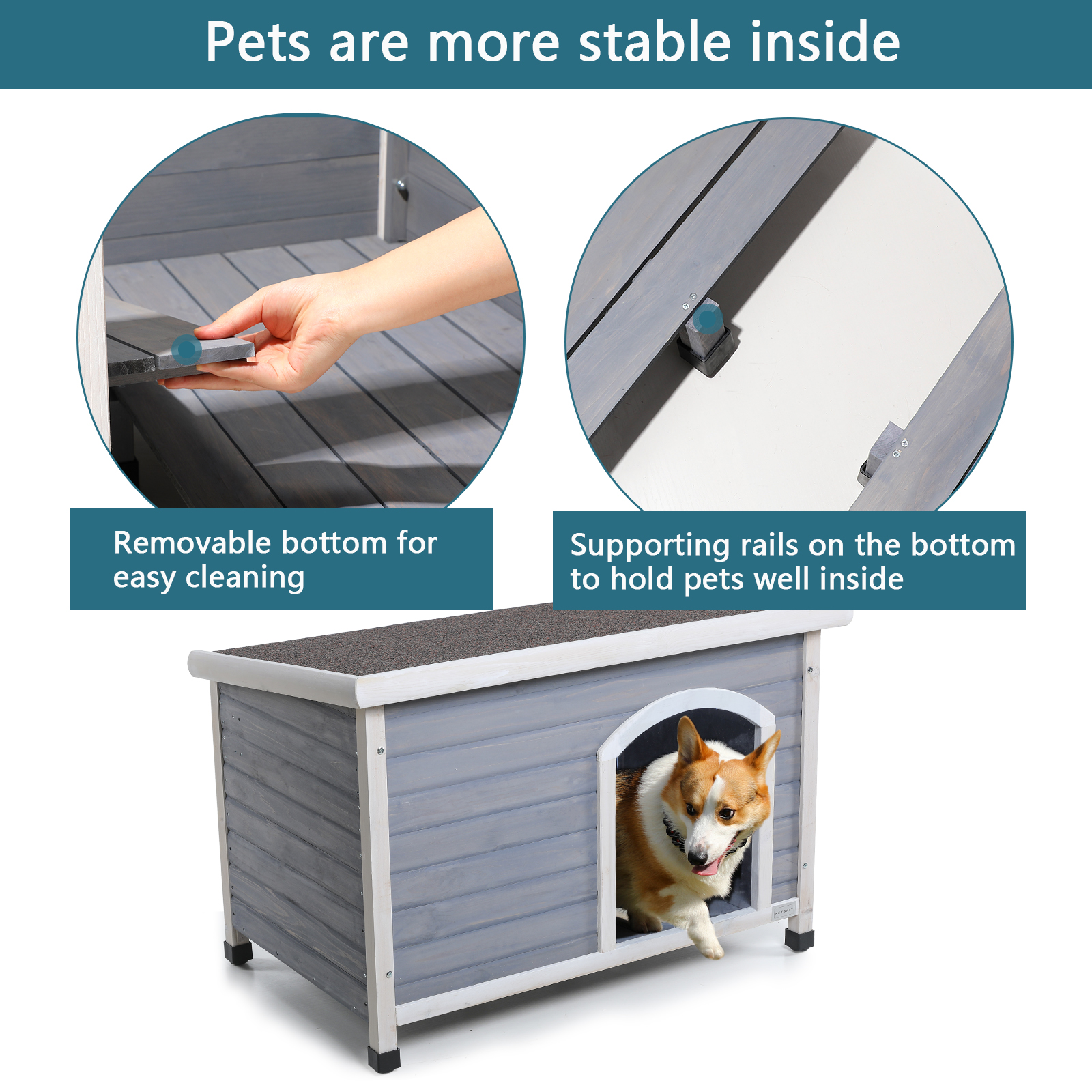 Medium Wooden Outdoor Dog House, Waterproof Roof, Elevated Floor, Adjustable Plastic Feet, Grey — image 5