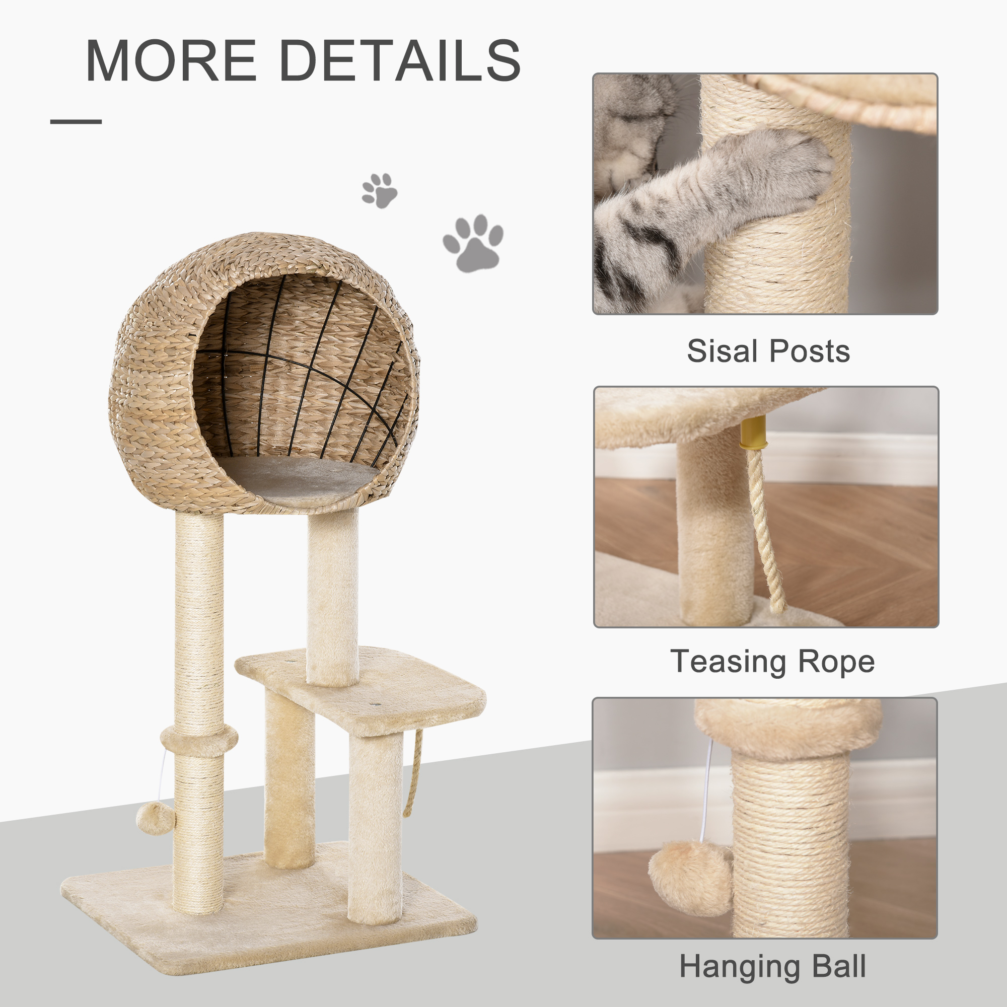 Cat Tree with Sisal Scratching Post Condo and Hanging Rope 39" H, Beige — image 5