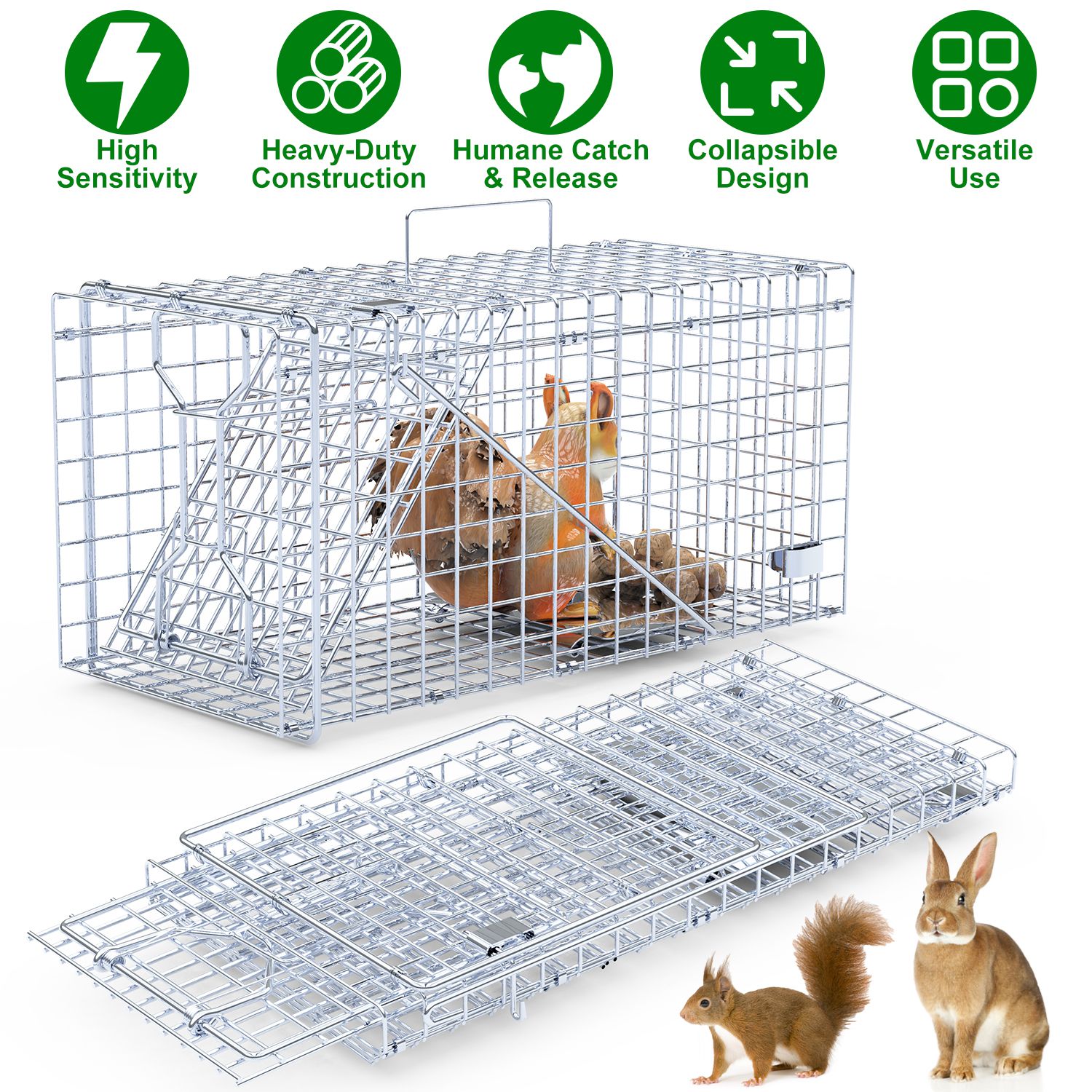 2Pzs Trampa Humanitaria de Puerta Única 18x8x10In para Animales Vivos, para Primavera y Verano, Plegable, Jaula de Hierro Galvanizado para Capturar y Liberar Ardillas, Mapaches, Gatos Ferales, Comadrejas, Armadillos, Zarigüeyas Pequeñas — imagen 1