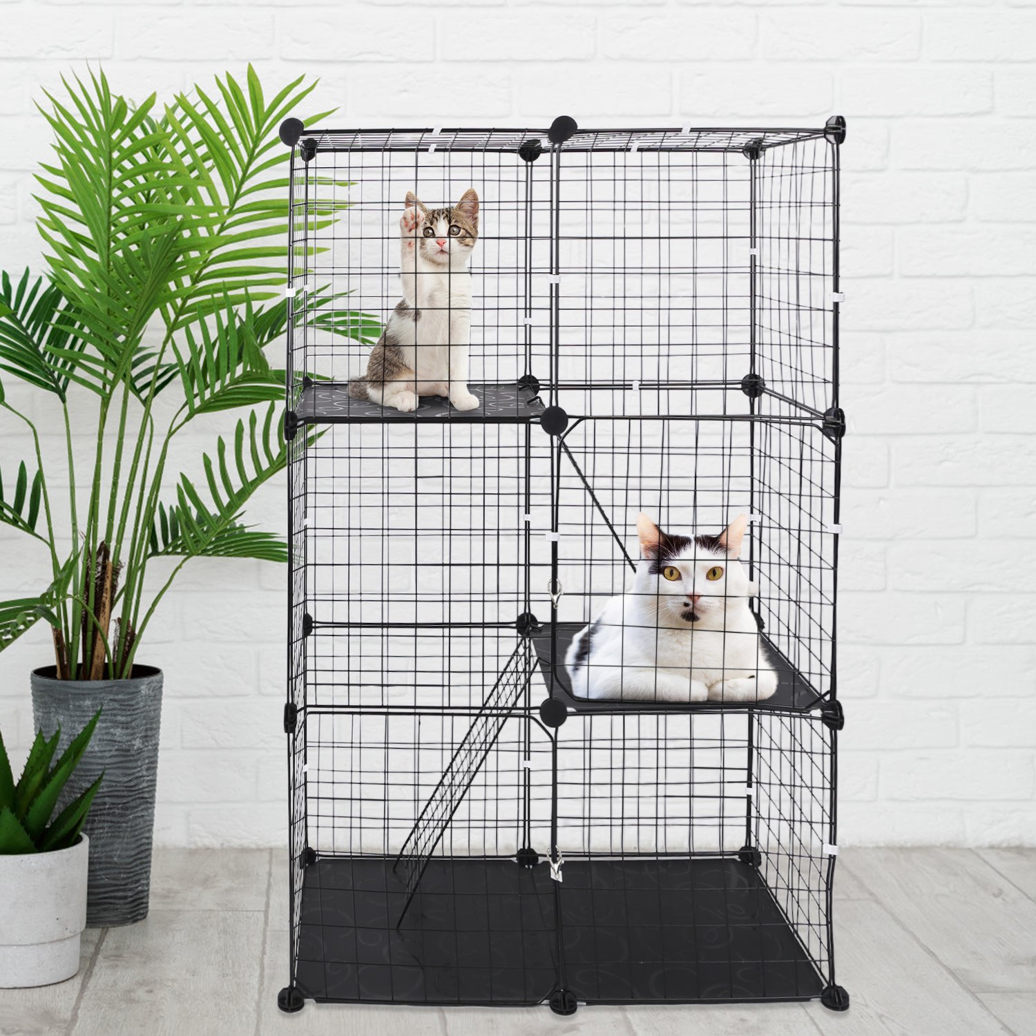 Jaula/Corral Metálico para Gatos de 3 Niveles, Casa Desmontable para Gatitos con 3 Puertas y 2 Escaleras, Amplio Espacio de Ejercicio para 1-2 Gatos, Negro — imagen 11